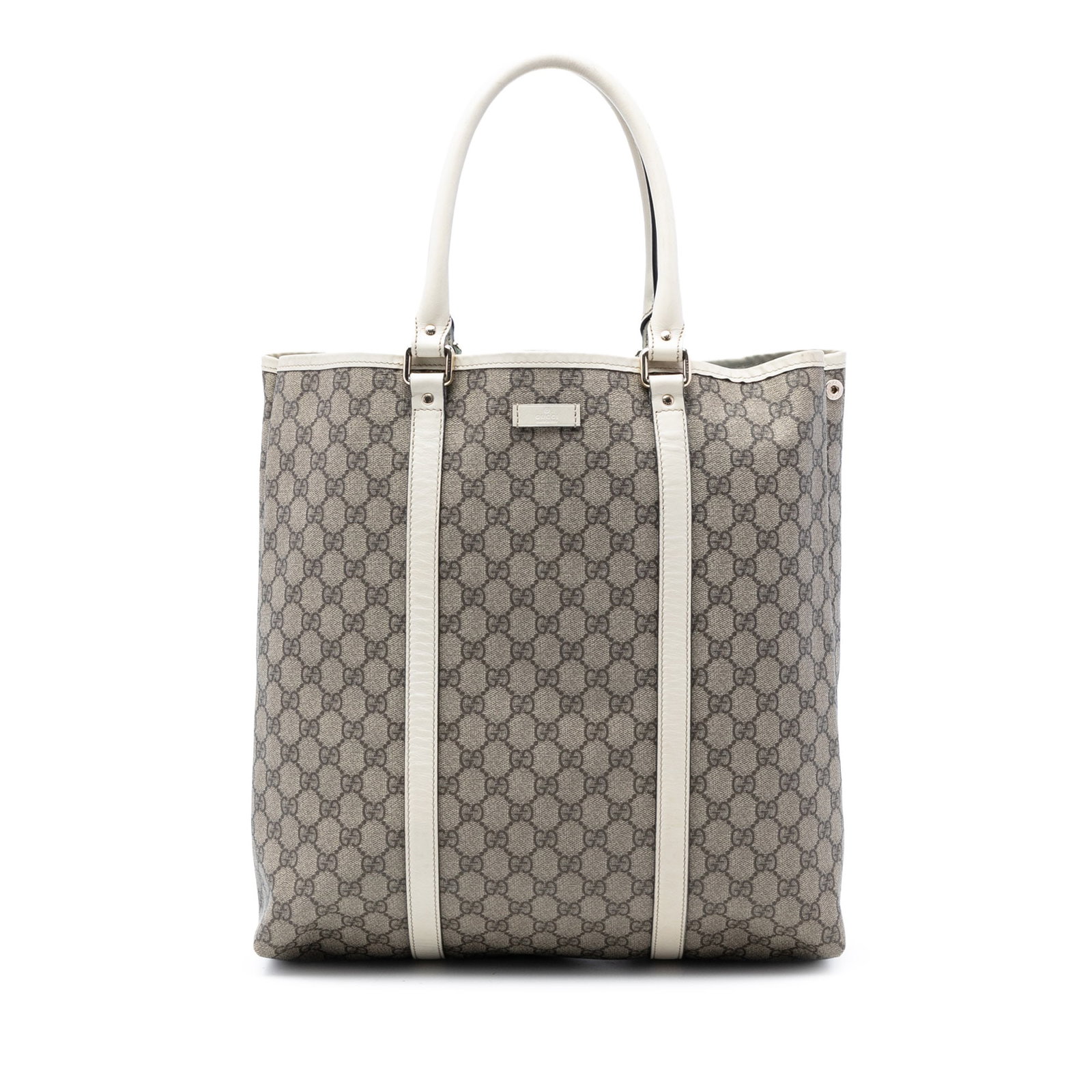 GG Supreme Joy Vertical Tote Bag with Leather Trim by Gucci: GG Supreme Joy Vertical Tote Bag with Leather Trim by Gucci The Gucci GG Supreme Joy Vertical Tote is crafted from coated canvas with leather trim, featuring rolled leather handles and an open top wit