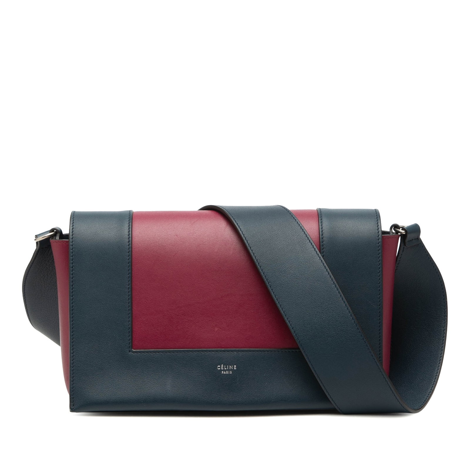 Celine Blue Leather Medium Frame Shoulder Bag: Celine Blue Leather Medium Frame Shoulder Bag This Celine Medium Shiny Smooth Calfskin Frame Shoulder Bag features a blue leather body with a sleek, polished finish. It is designed with a flat leather