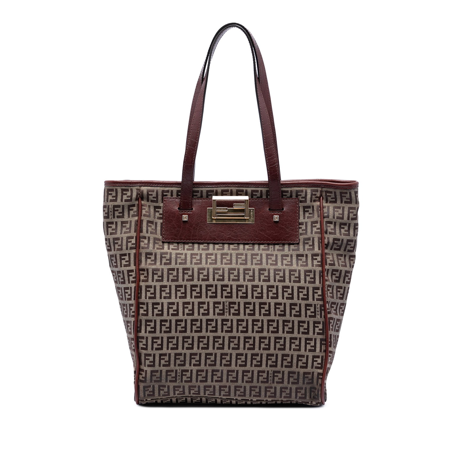 Fendi Zucchino brown canvas tote with leather trim: Fendi Zucchino brown canvas tote with leather trim This Fendi Zucchino Canvas Tote features a durable fabric body accented with leather trim and flat leather handles. The tote is designed with an open