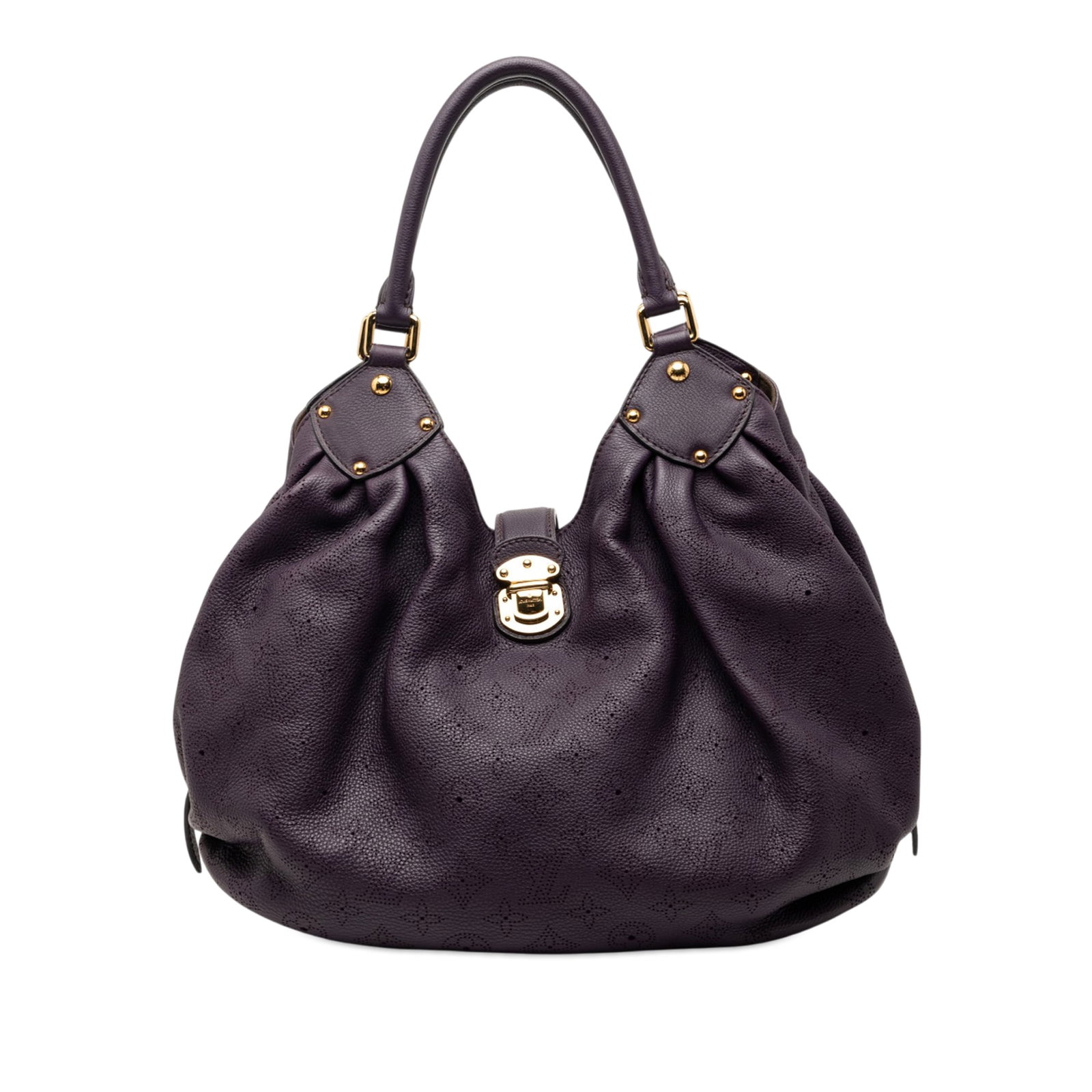 Louis Vuitton Mahina L purple leather tote: Louis Vuitton Mahina L purple leather tote This Louis Vuitton Monogram Mahina L bag is crafted from leather and features rolled leather handles, an open top with a flat strap and push lock closure, an