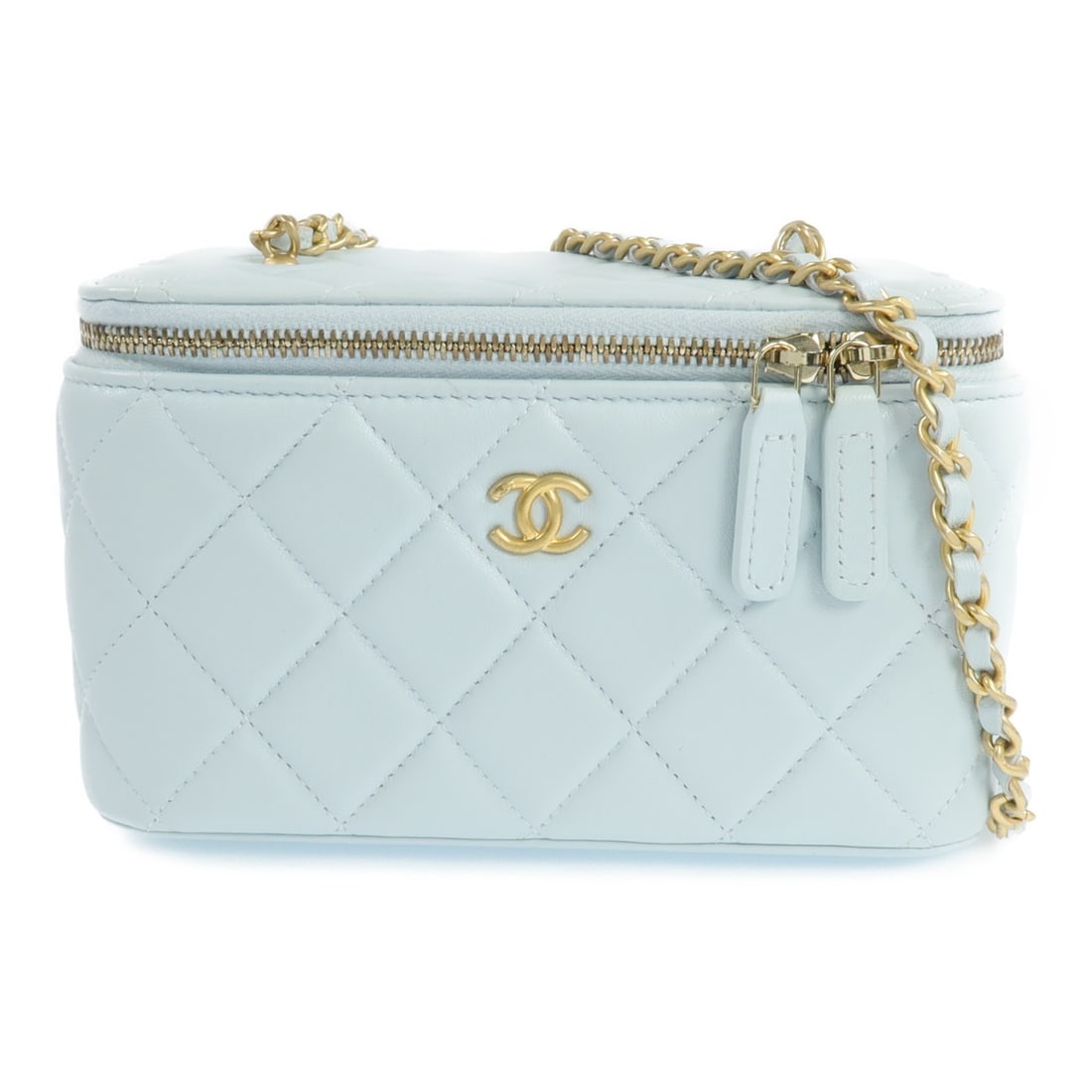 CHANEL Light Blue Lambskin Vanity Chain Shoulder Bag GHW AP2303: CHANEL Light Blue Lambskin Vanity Chain Shoulder Bag GHW AP2303 This CHANEL CC Vanity Case is a stylish shoulder bag crafted from luxurious lambskin leather in a light blue color. Designed for women, 