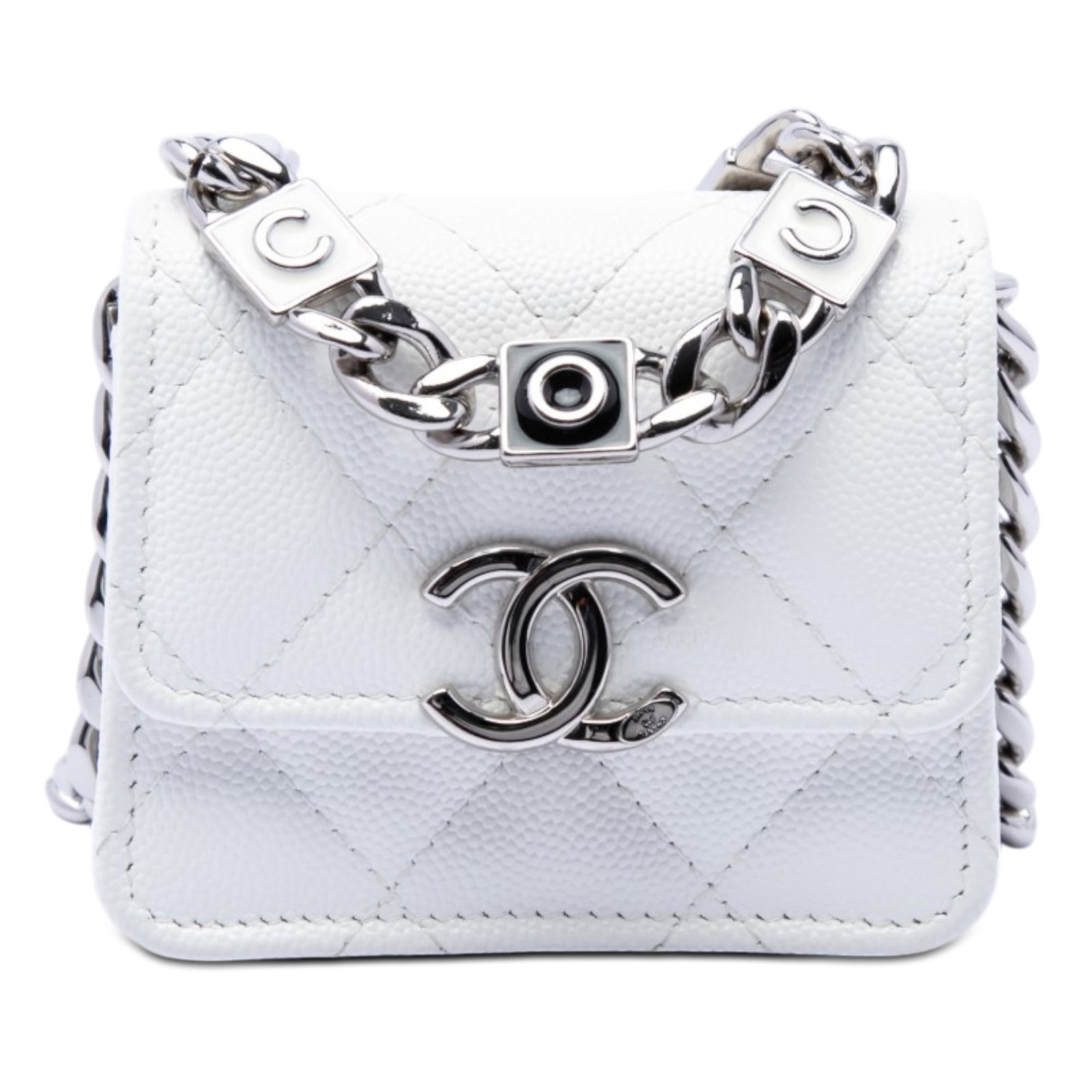 Chanel Coco Enamel Strap Flap Crossbody Caviar Leather White: Chanel Coco Enamel Strap Flap Crossbody Caviar Leather White This Chanel Mini Quilted Caviar Coco Enamel Strap Flap Clutch with Chain is crafted from quilted caviar leather in white and features a cha