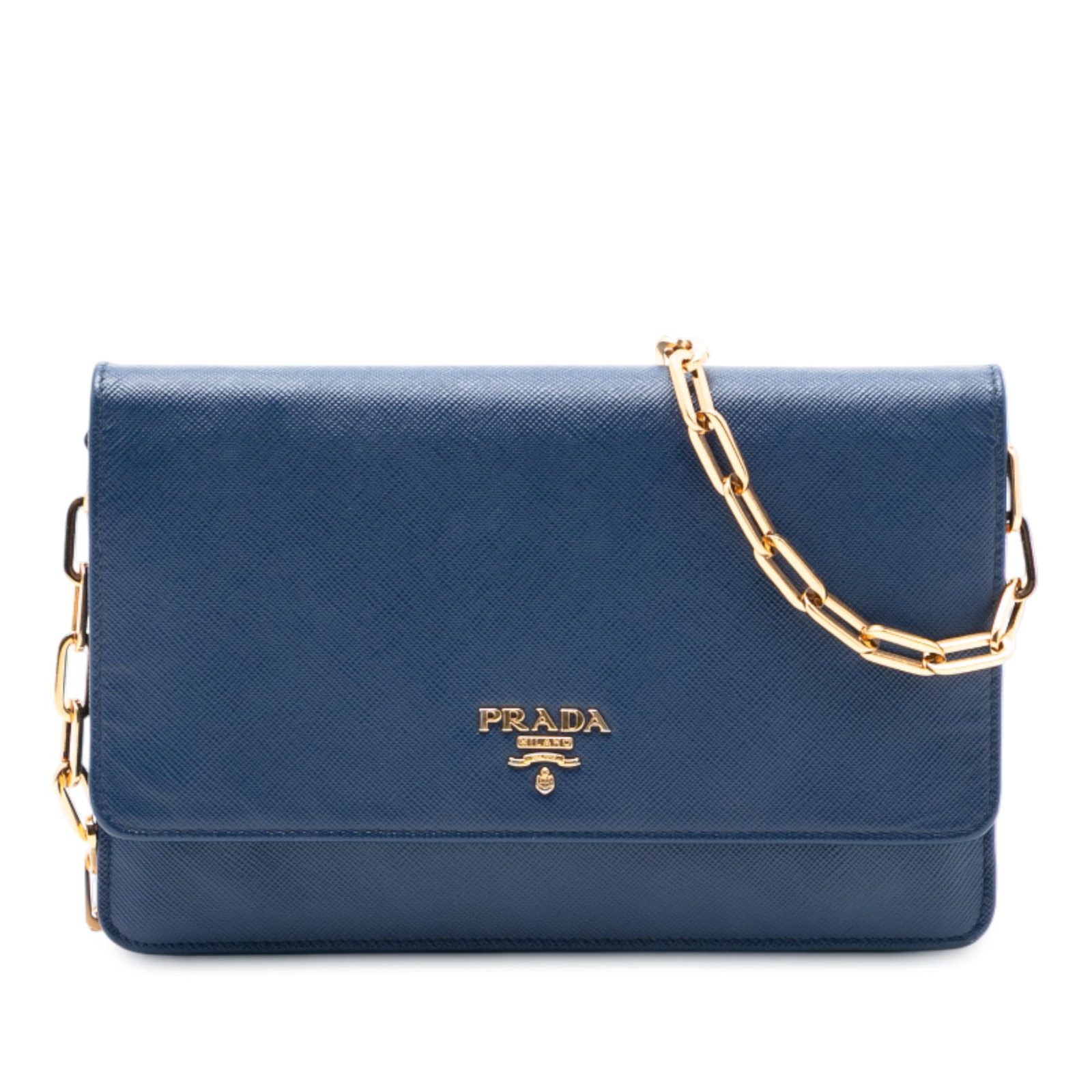 Blue Saffiano Leather Chain Wallet by Prada: Blue Saffiano Leather Chain Wallet by Prada This Prada Saffiano Wallet On Chain showcases a blue saffiano leather body with a chain link strap featuring a leather shoulder guard. It is designed with a