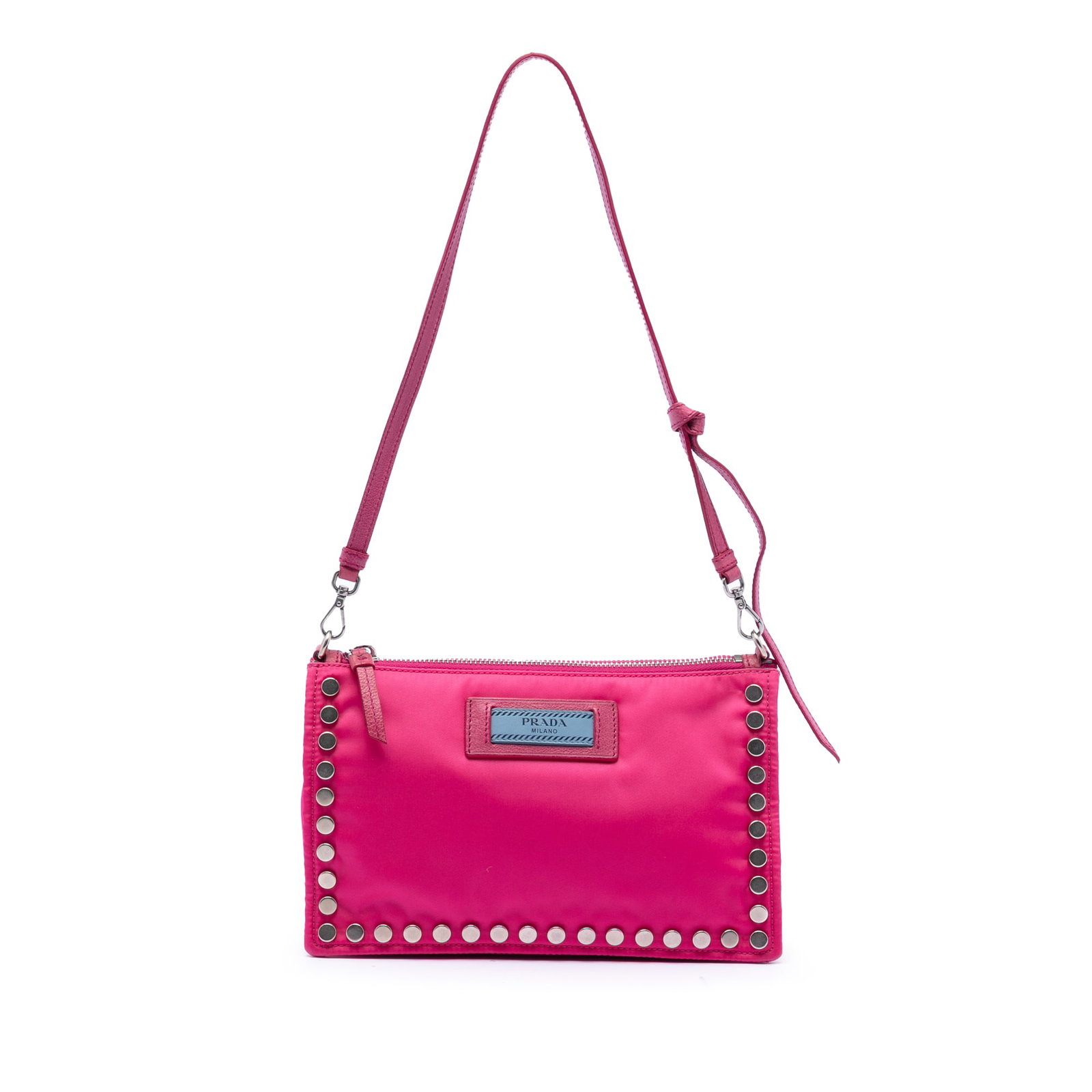 Prada Etiquette Pink Nylon Shoulder Bag with Studded Detailing: Prada Etiquette Pink Nylon Shoulder Bag with Studded Detailing This Prada Tessuto Studded Etiquette shoulder bag features a pink studded nylon body complemented by a flat leather strap. It is designed