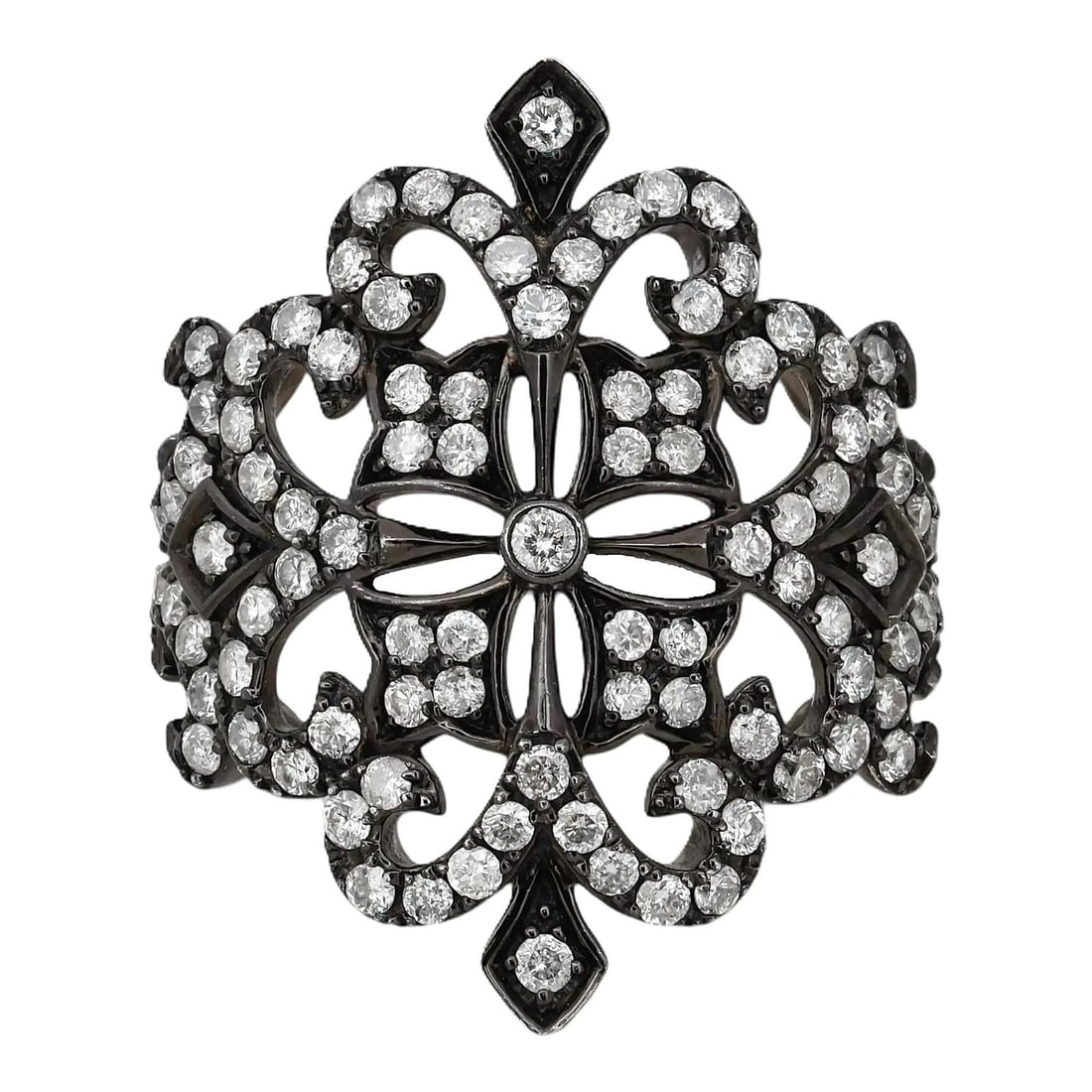 14k White Gold Diamond Cocktail Ring With Black Rhodium Filigree by Effy Size 7: 14k White Gold Diamond Cocktail Ring With Black Rhodium Filigree by Effy Size 7 This statement ring by Effy is crafted from solid 14k white gold with a black rhodium plating. Featuring an open filigre