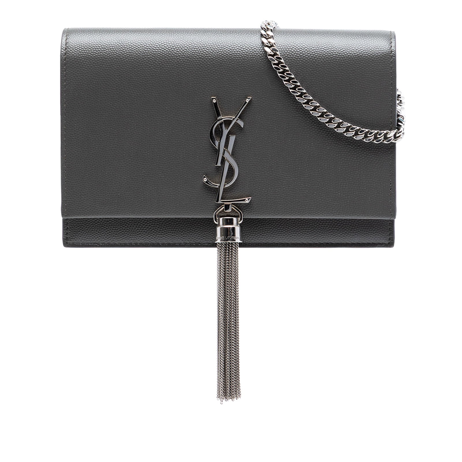 Grain de Poudre Monogram Kate Leather Chain Wallet with Tassel by Saint Laurent: Grain de Poudre Monogram Kate Leather Chain Wallet with Tassel by Saint Laurent This Saint Laurent Grain de Poudre Monogram Kate Tassel Wallet on Chain features a leather body with a tassel accent, a 