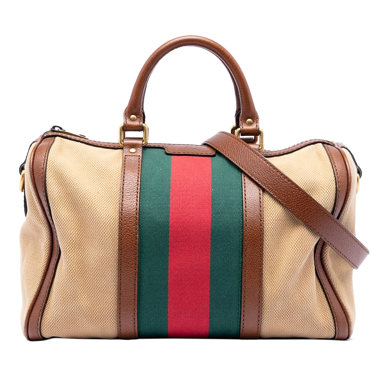 Gucci Joy Boston Medium Satchel with Web Stripe and Leather Trim: Gucci Joy Boston Medium Satchel with Web Stripe and Leather Trim This Gucci Medium Canvas Web Joy Boston Bag features a beige canvas body accented with leather trim and signature web detail. It includ