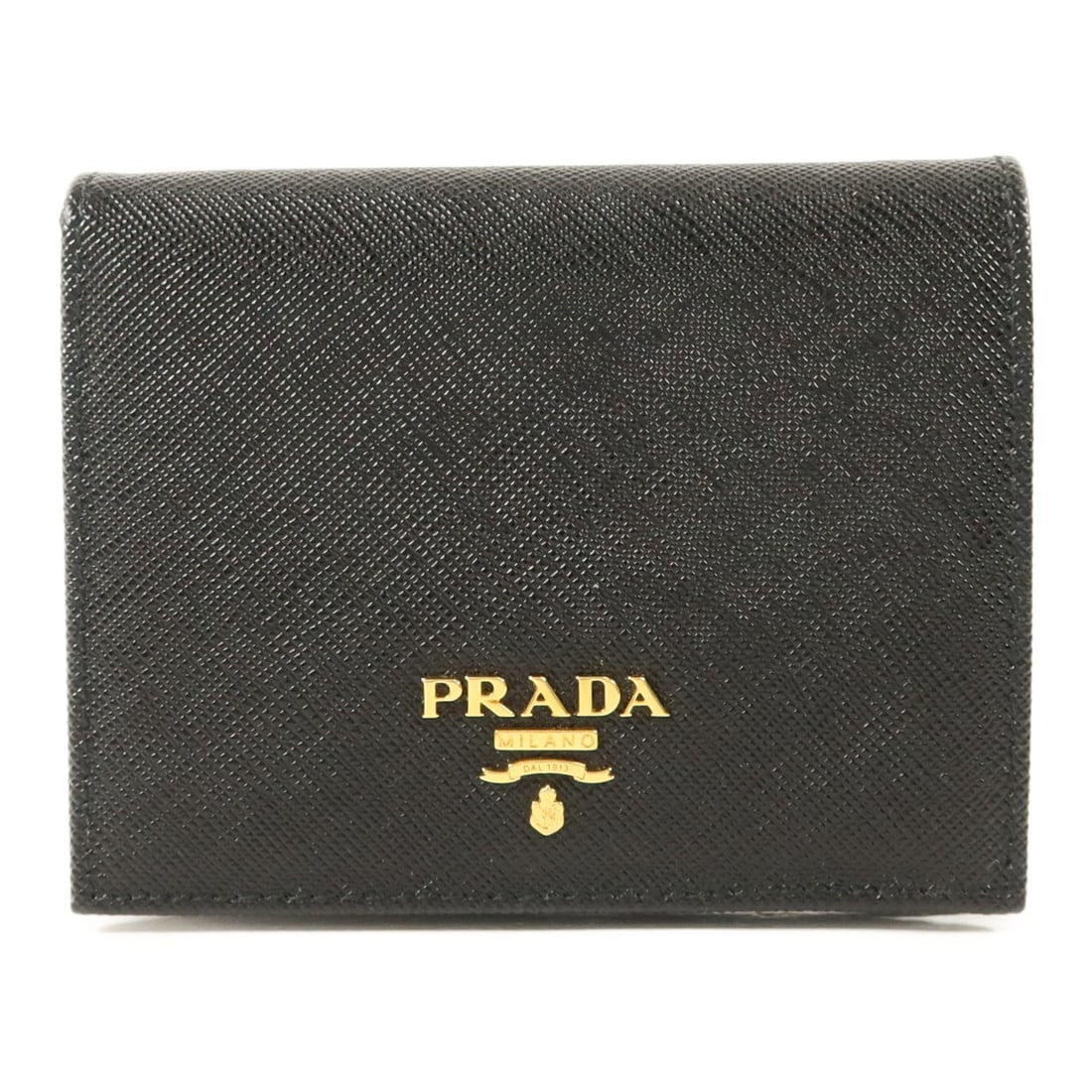 Prada Small Black Saffiano Leather Bifold Wallet with Gold Hardware: Prada Small Black Saffiano Leather Bifold Wallet with Gold Hardware This Prada small bifold wallet is crafted from black Saffiano calfskin leather and features gold-tone hardware. Designed for men, th