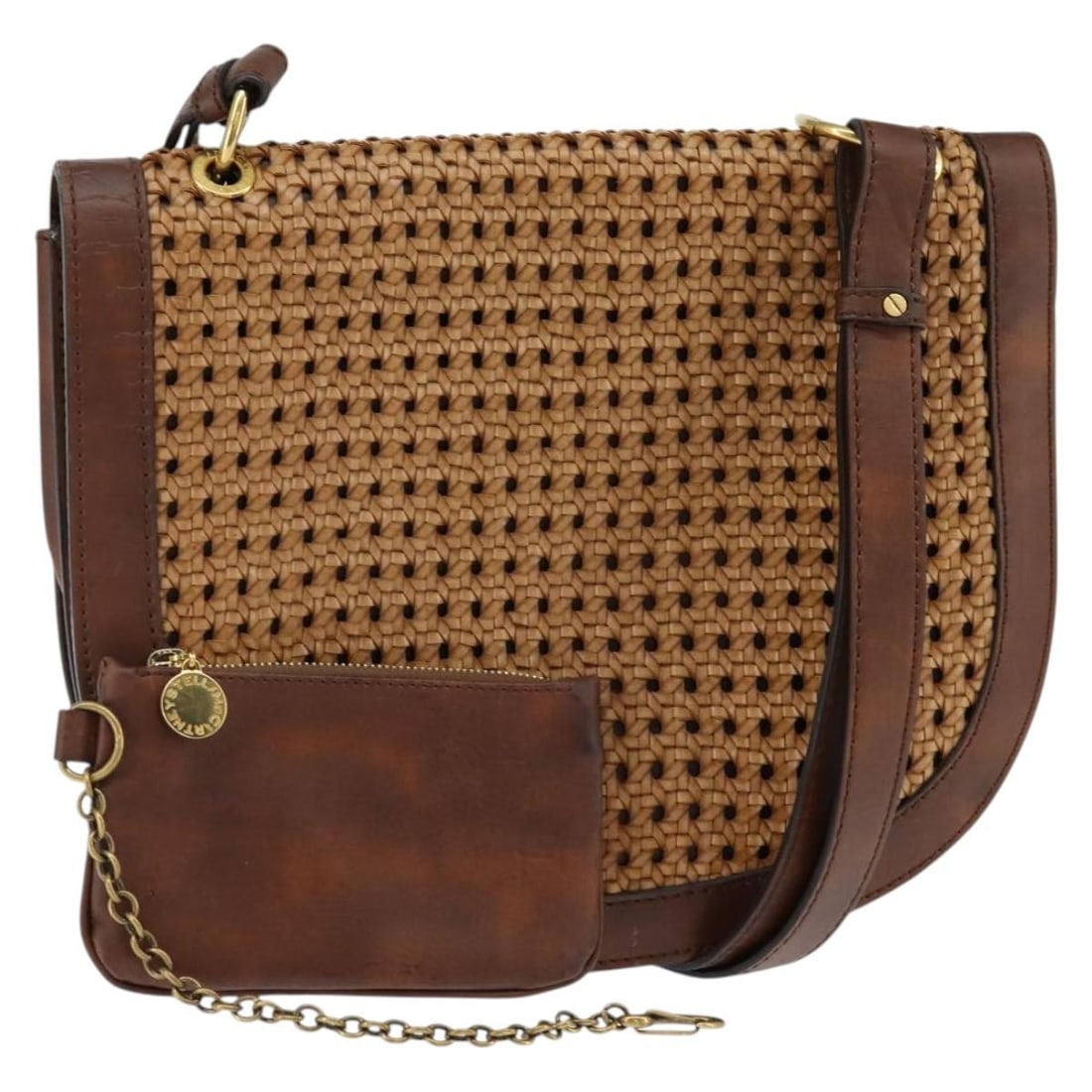 Brown Polyester Flap Shoulder Bag by Stella McCartney: Brown Polyester Flap Shoulder Bag by Stella McCartney This pre-owned Stella McCartney Flap Shoulder Bag for women features a brown polyester exterior with metal fittings. The bag shows signs of use, i