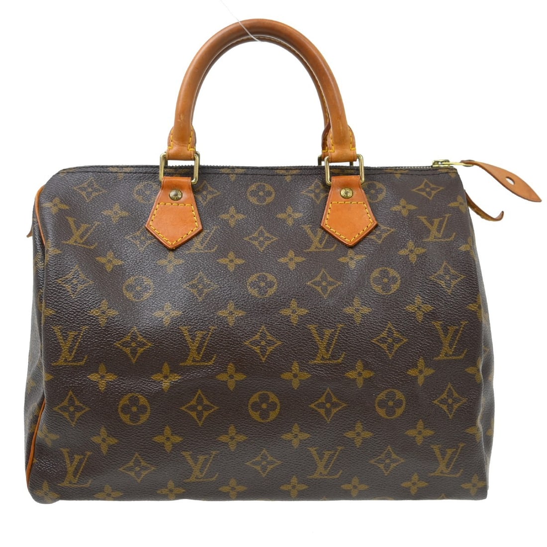 Louis Vuitton Monogram Speedy 30 Top Handle Satchel: Louis Vuitton Monogram Speedy 30 Top Handle Satchel This Louis Vuitton Speedy 30 handbag features the iconic monogram canvas exterior with beige leather double handles and gold-plated hardware. The sa