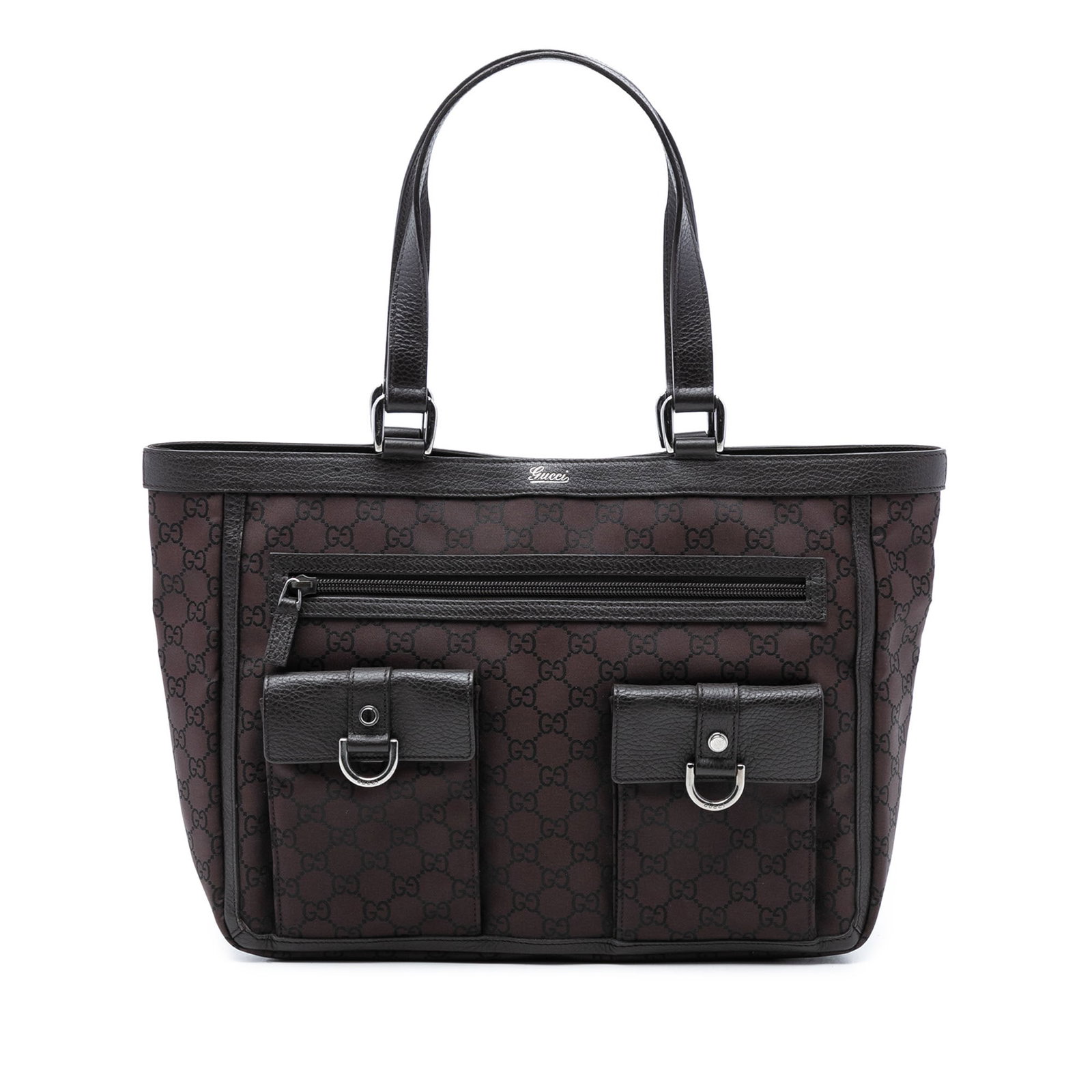 Brown GG Nylon Abbey D Ring Tote Bag with Leather Trim by Gucci: Brown GG Nylon Abbey D Ring Tote Bag with Leather Trim by Gucci This Gucci GG Nylon Abbey D Ring Pocket Tote features a nylon body with leather trim, flat leather straps, an open top with magnetic clo