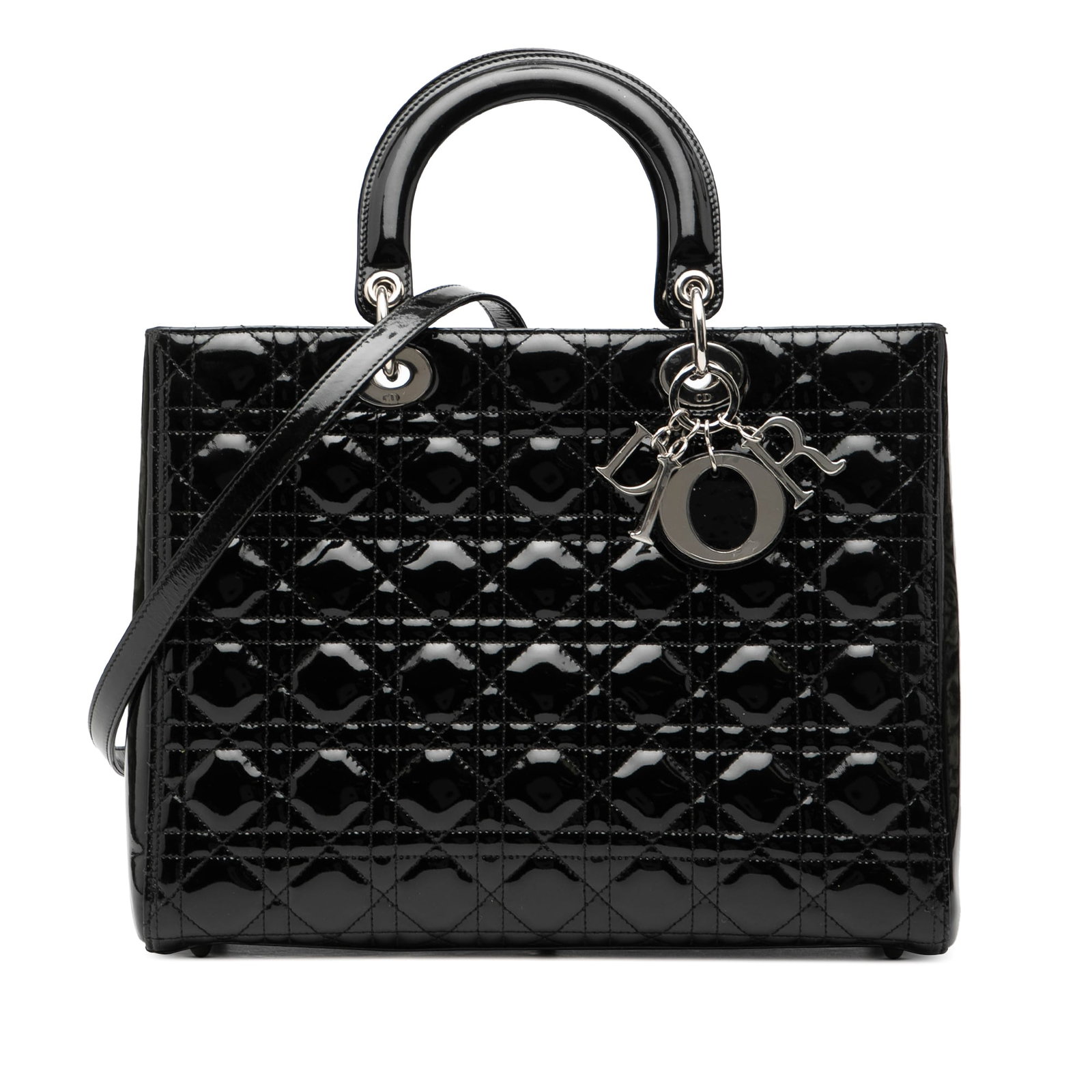 Dior Lady Dior Black Patent Cannage Large Quilted Leather Handbag: Dior Lady Dior Black Patent Cannage Large Quilted Leather Handbag This Lady Dior handbag features a quilted patent leather exterior in black, complemented by flat leather top handles and a detachable 