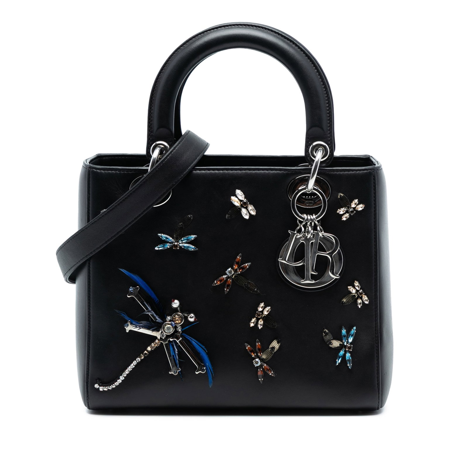 Dior Lady Dior Medium Black Calfskin Bag with Dragonfly Embellishment: Dior Lady Dior Medium Black Calfskin Bag with Dragonfly Embellishment This Lady Dior handbag features an embellished black calfskin leather body with dragonfly accents, flat leather handles, a detacha