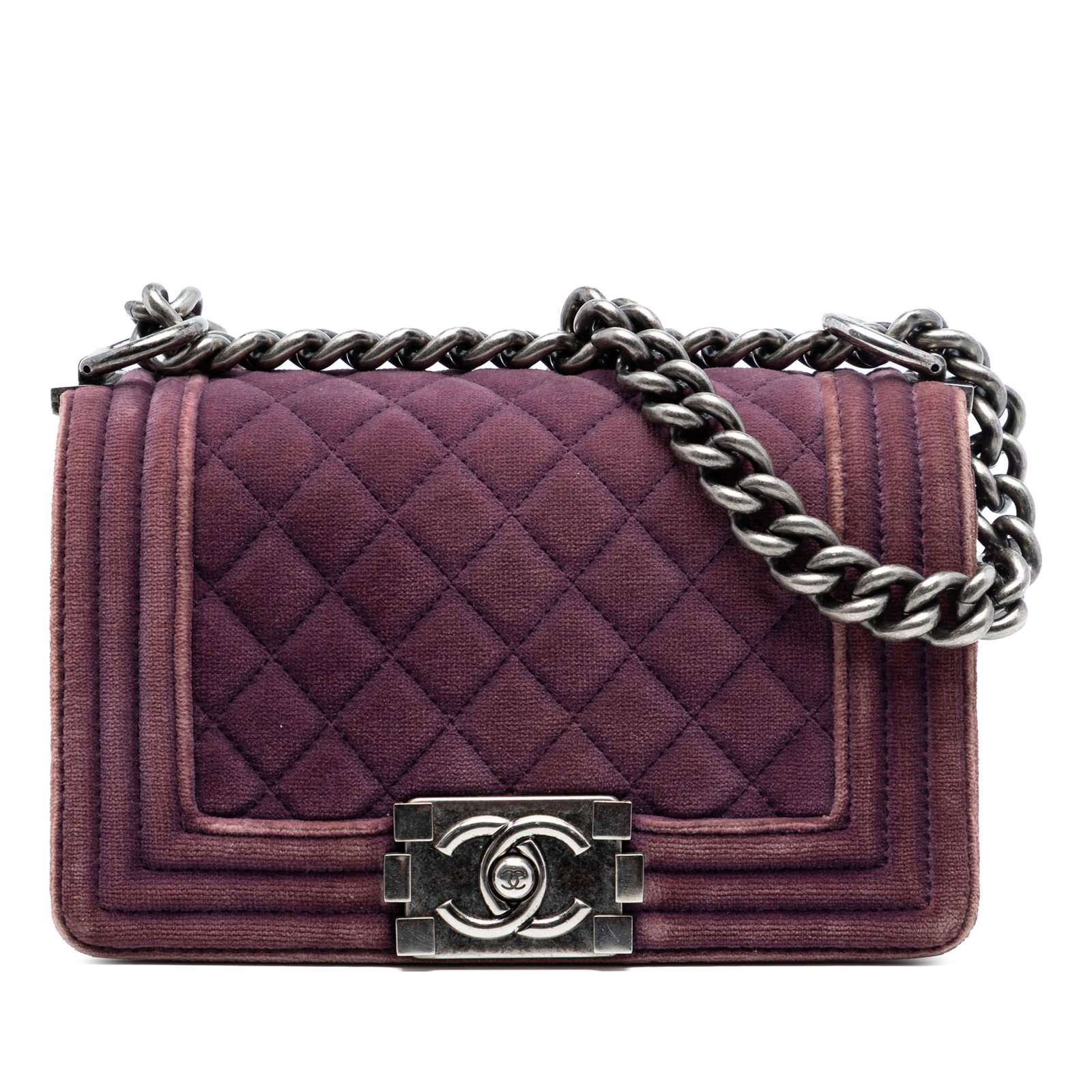Purple Velvet Chanel Boy Bag with Quilted Design and Chain Strap (1 of 7)