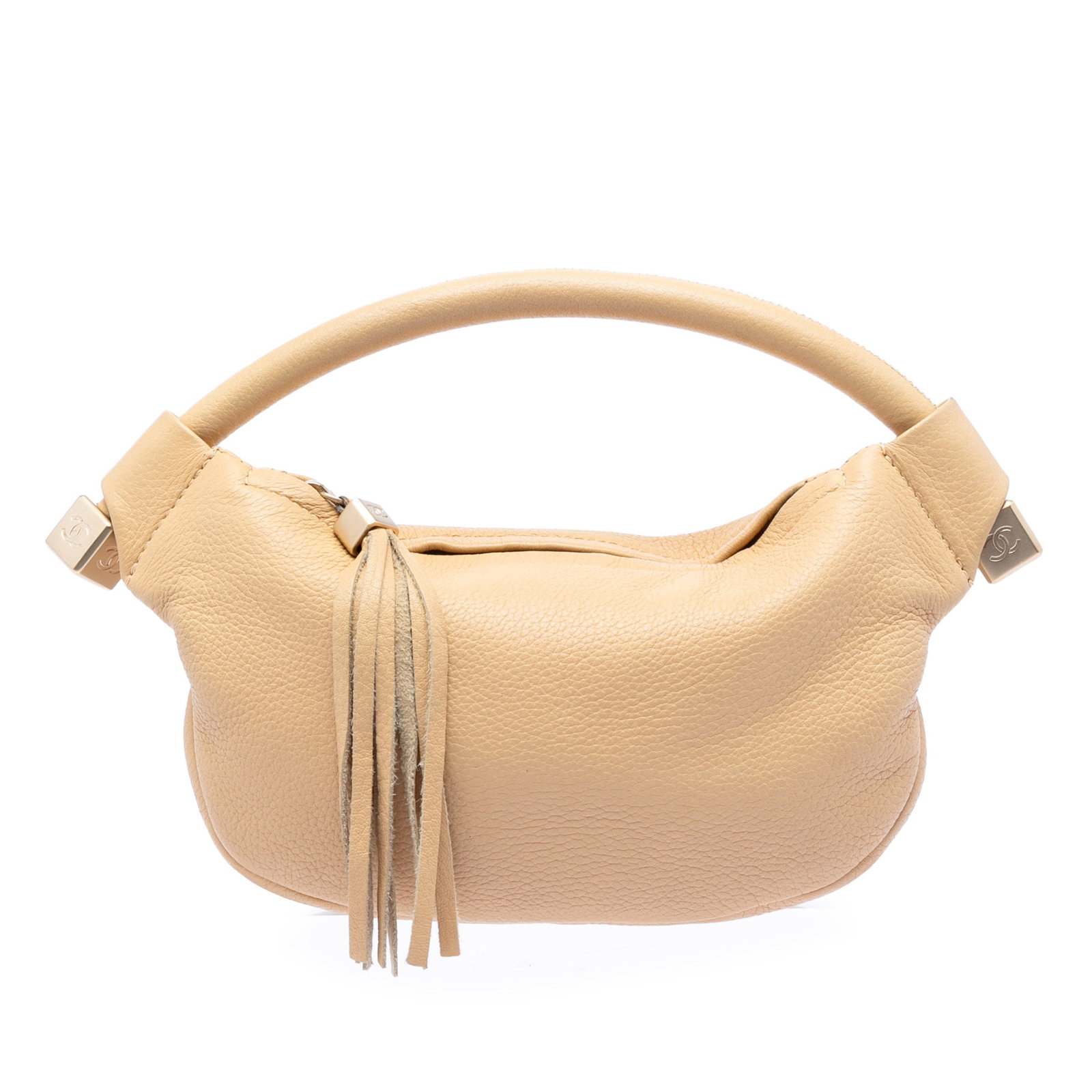 Chanel Beige Leather Hobo Tassel CC Calfskin: Chanel Beige Leather Hobo Tassel CC Calfskin This Chanel CC Calfskin Tassel Hobo is crafted from beige leather and features a rolled leather handle along with a top zip closure. Made in Italy, this st