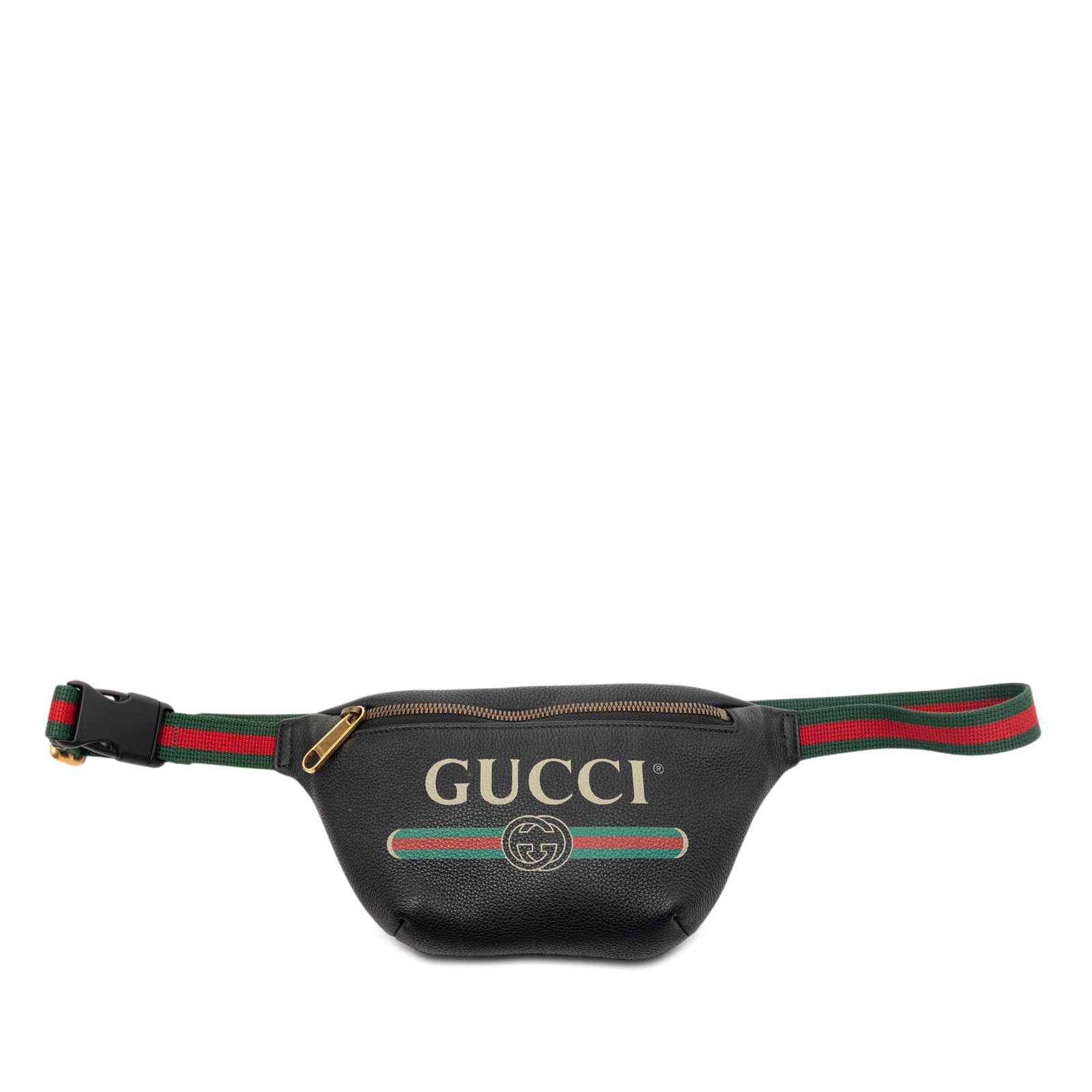 Gucci Web Logo Belt Bag Black Grained Calfskin: Gucci Web Logo Belt Bag Black Grained Calfskin This Gucci Small Grained Calfskin Web Logo Belt Bag features a printed leather body with a distinctive logo design. It is equipped with an adjustable nyl