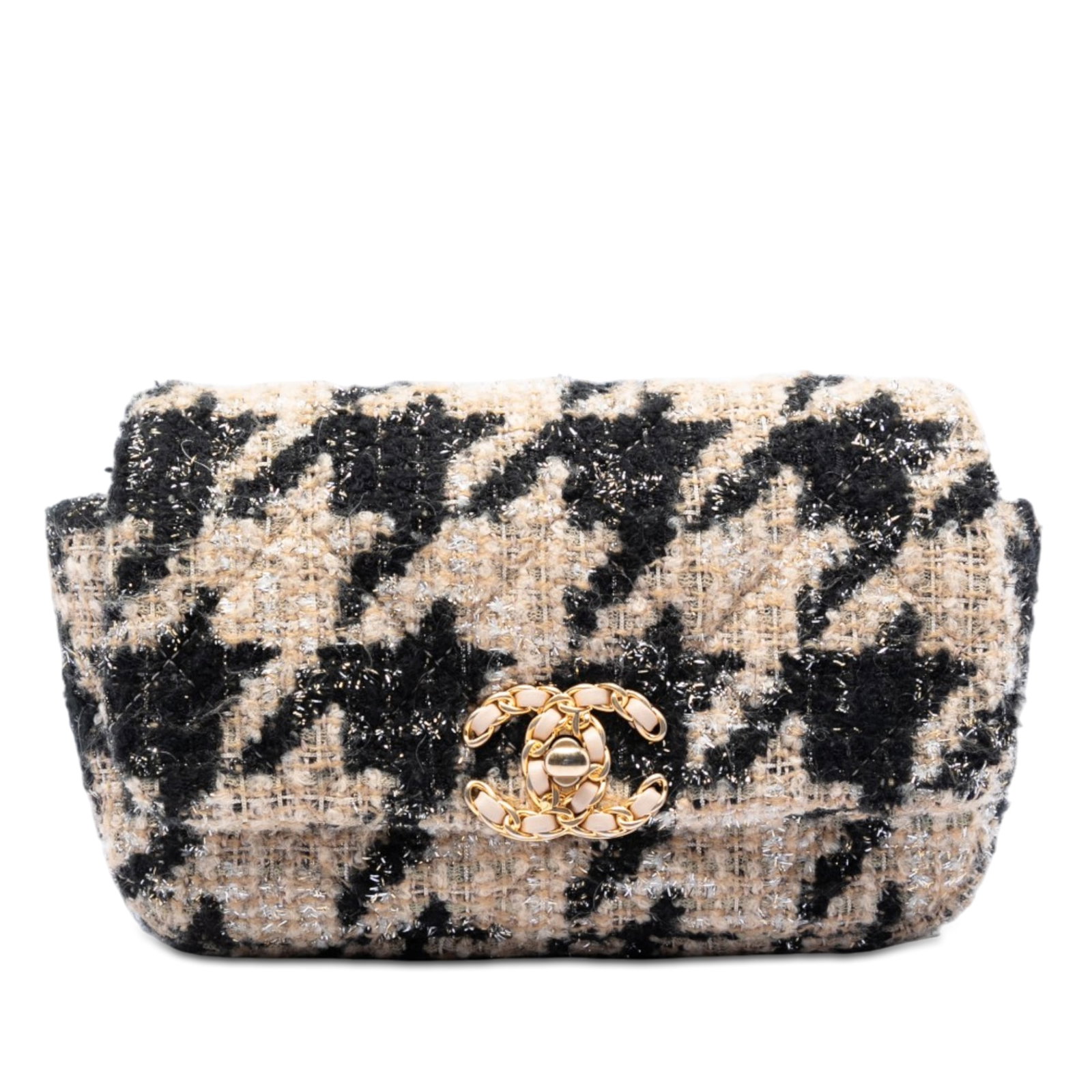 Chanel 19 Tweed Houndstooth Belt Bag with Gold Tone Chain: Chanel 19 Tweed Houndstooth Belt Bag with Gold Tone Chain This Chanel Houndstooth Tweed 19 Belt Bag showcases a stylish tweed body with a classic houndstooth pattern. It features a gold-tone chain han