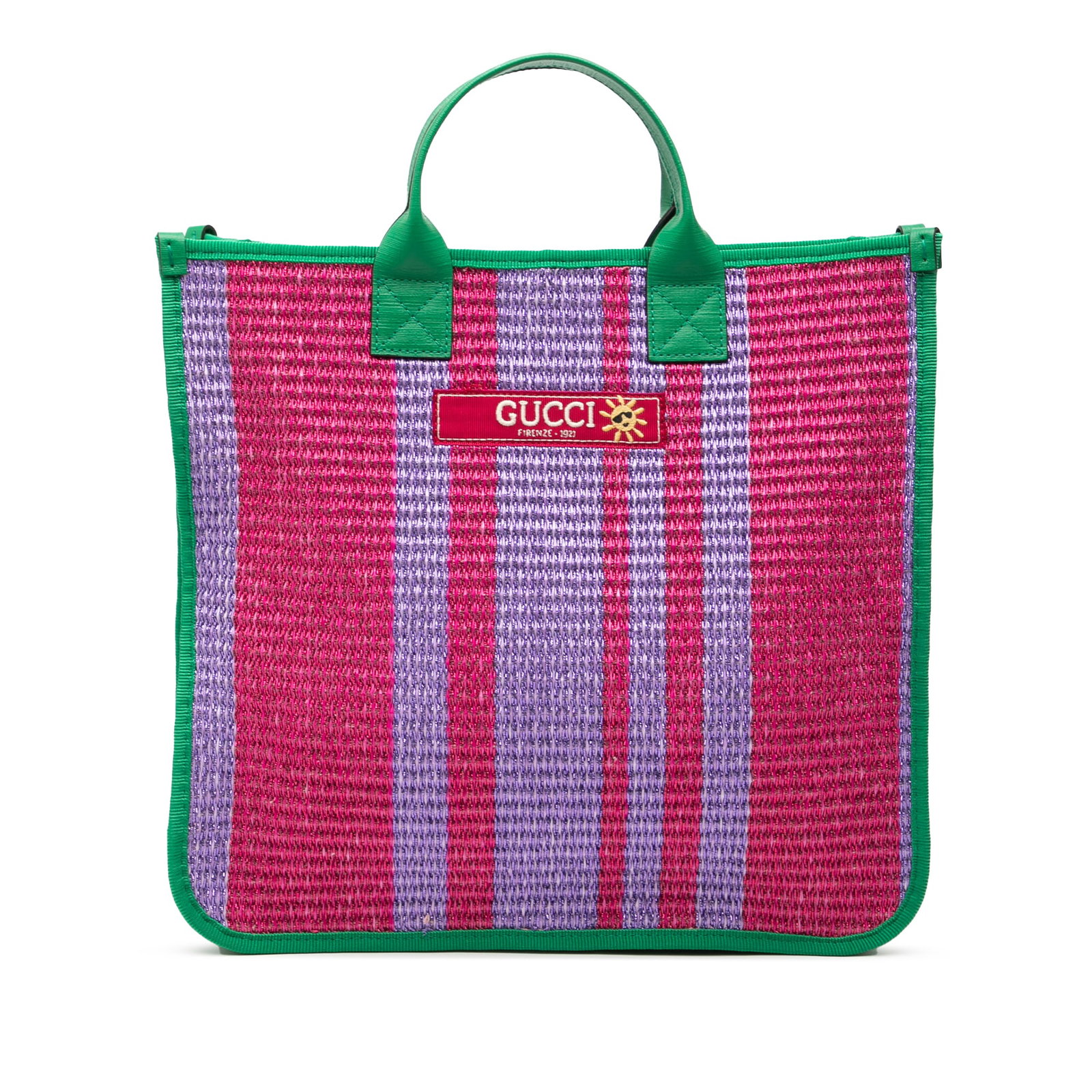 Gucci Kids Tote Woven Canvas Firenze 1921 Logo Pink Leather Trim: Gucci Kids Tote Woven Canvas Firenze 1921 Logo Pink Leather Trim This Gucci Children tote bag features a woven canvas body with leather trim, complemented by rolled leather handles and an open top des