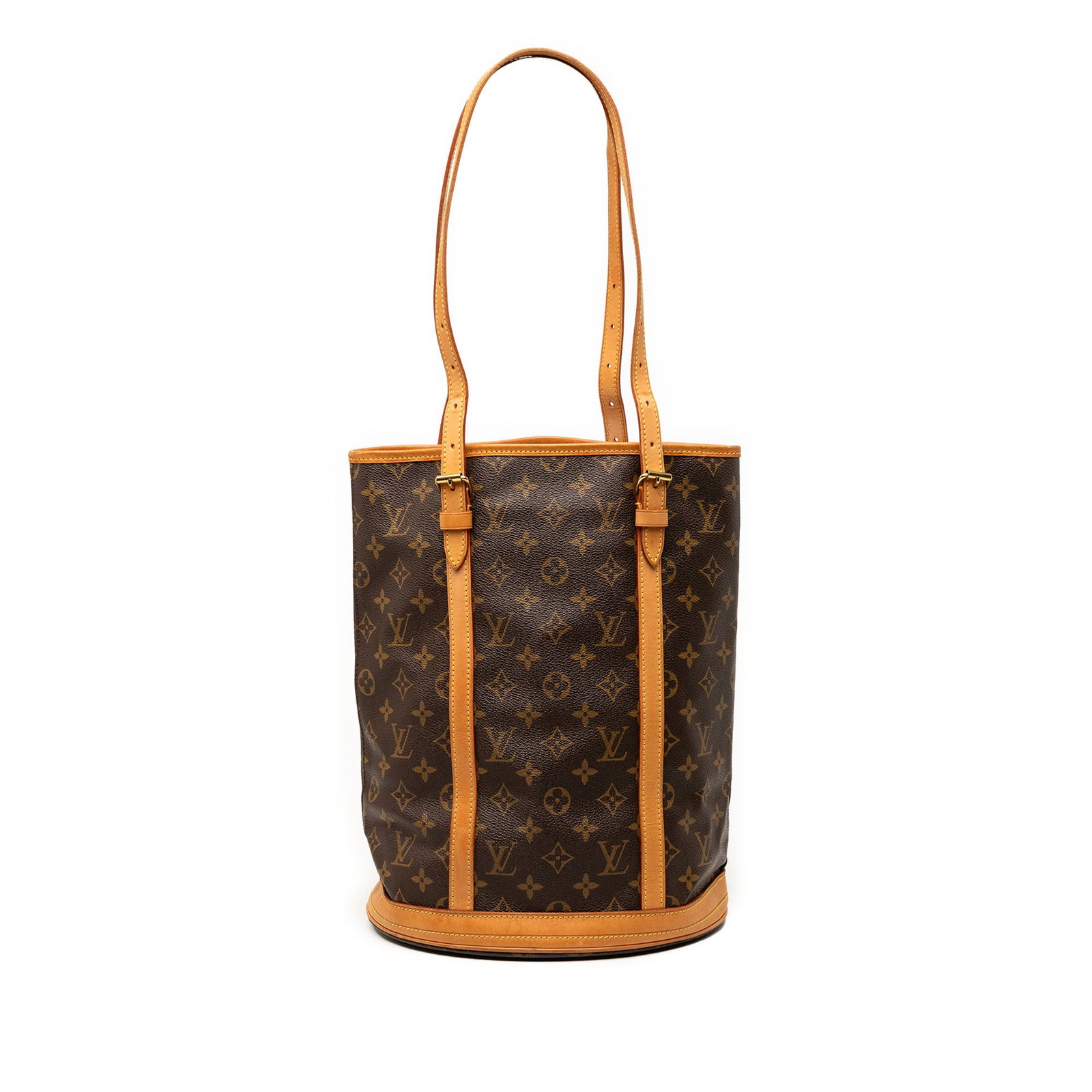Louis Vuitton Bucket GM Monogram Canvas Tote: Louis Vuitton Bucket GM Monogram Canvas Tote This Louis Vuitton Monogram Bucket GM bag features the iconic monogram canvas with vachetta leather trim and flat vachetta leather straps. The open top des