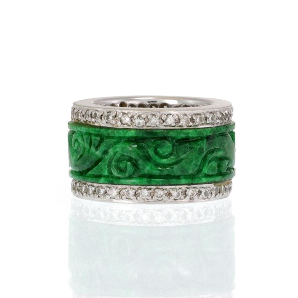18k White Gold Jade Diamond Wedding Band 1ct Carat Wide Ring: 18k White Gold Jade Diamond Wedding Band 1ct Carat Wide Ring This stunning wedding or anniversary band is meticulously crafted from 18k white gold. It features a captivating 7mm wide full circle jade 
