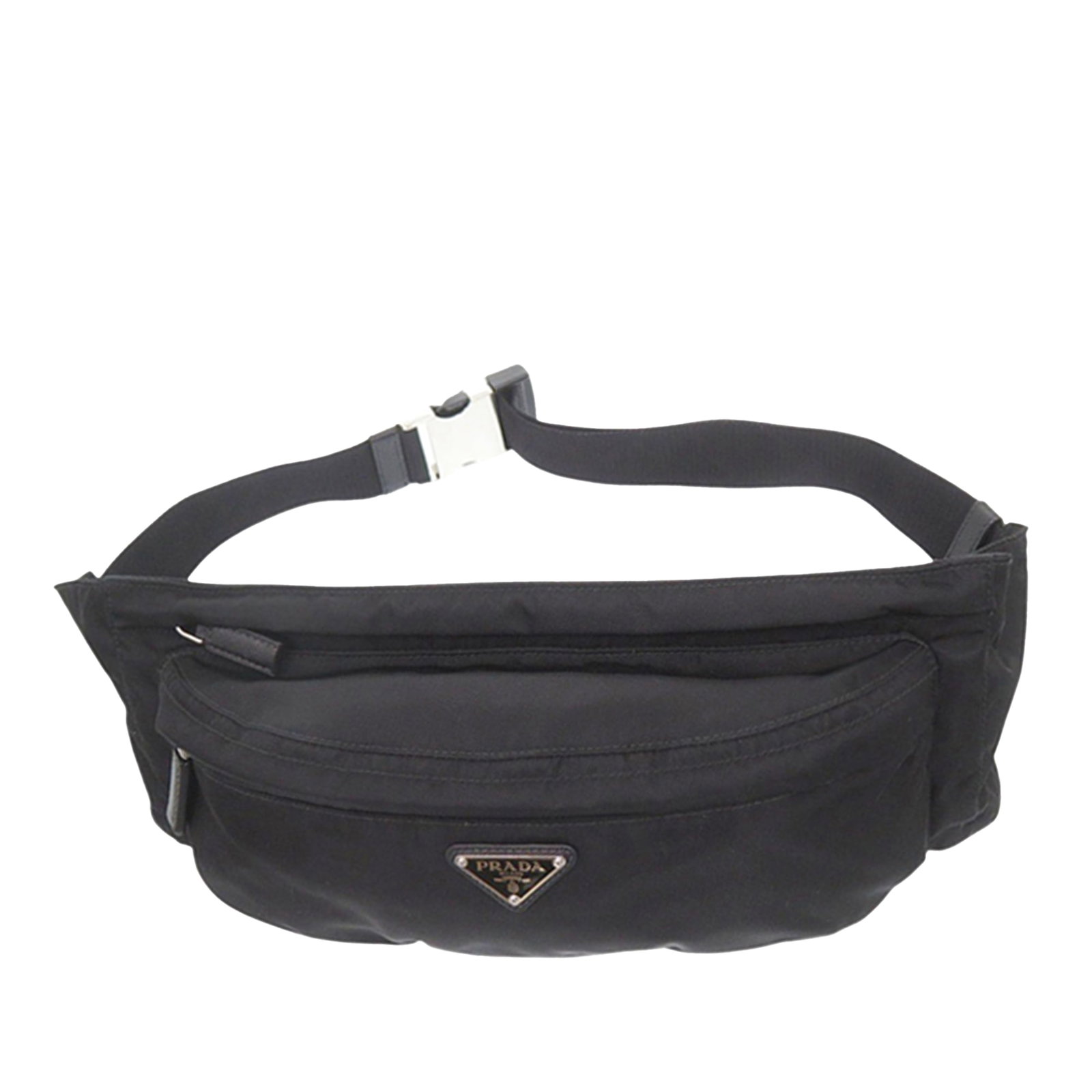 Prada nylon waist bag Tessuto model black: Prada nylon waist bag Tessuto model black This Prada Tessuto Belt Bag features a black nylon body with a flat waist strap and buckle closure. It includes a top zip closure and an exterior zip pocket f