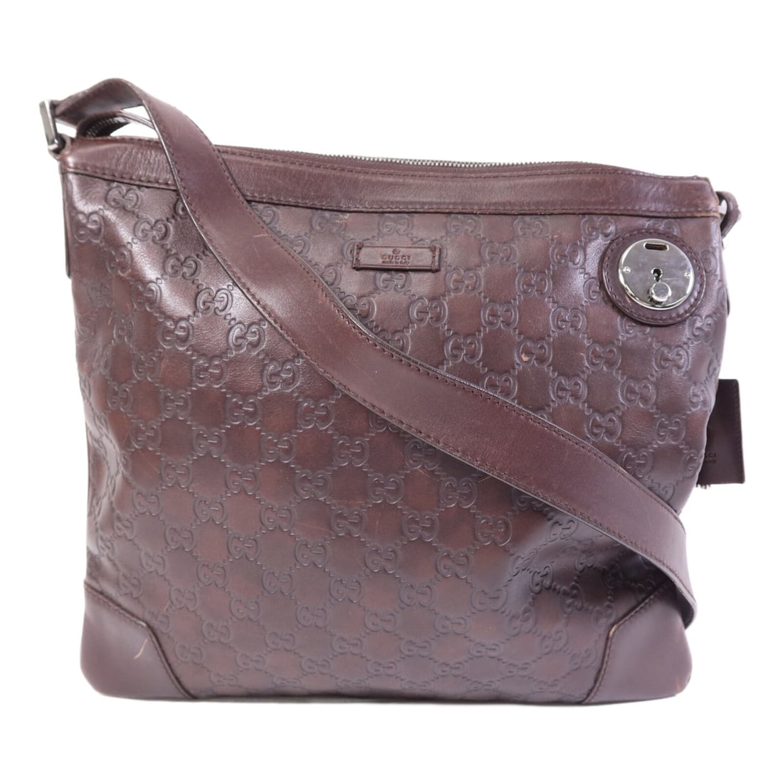 Gucci GG Calfskin Leather Shoulder Bag With Silver Hardware: Gucci GG Calfskin Leather Shoulder Bag With Silver Hardware This is a GUCCI GG shoulder bag crafted from calfskin leather in brown. The bag features a regular size and is designed for shoulder carry. 