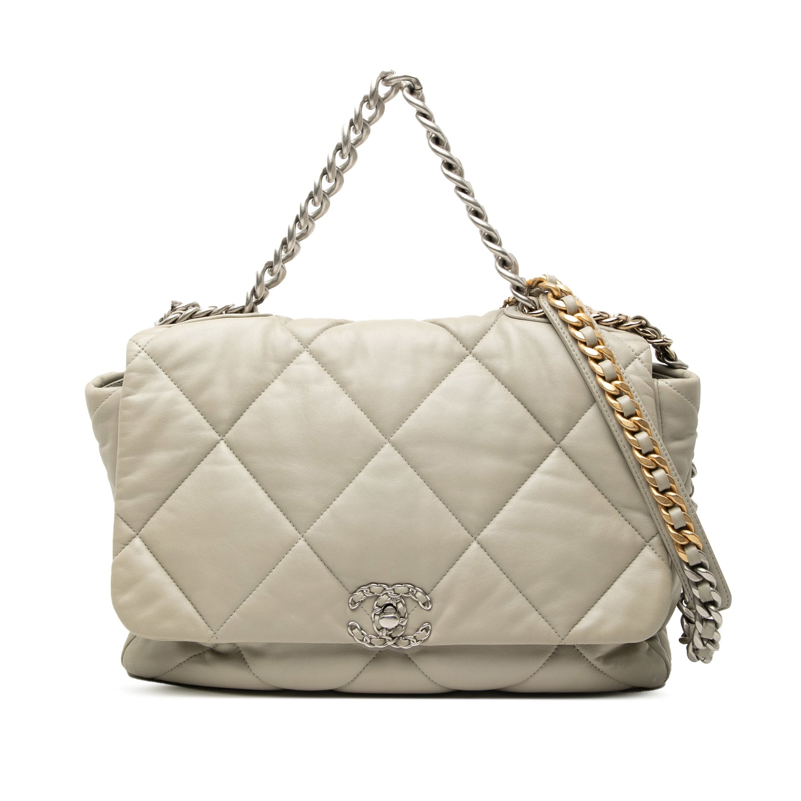 Chanel gray quilted lambskin 19 flap bag: Chanel gray quilted lambskin 19 flap bag This Chanel Maxi Lambskin 19 Flap bag features a quilted gray lambskin leather exterior, complemented by a gold-tone chain handle and a woven leather chain sho