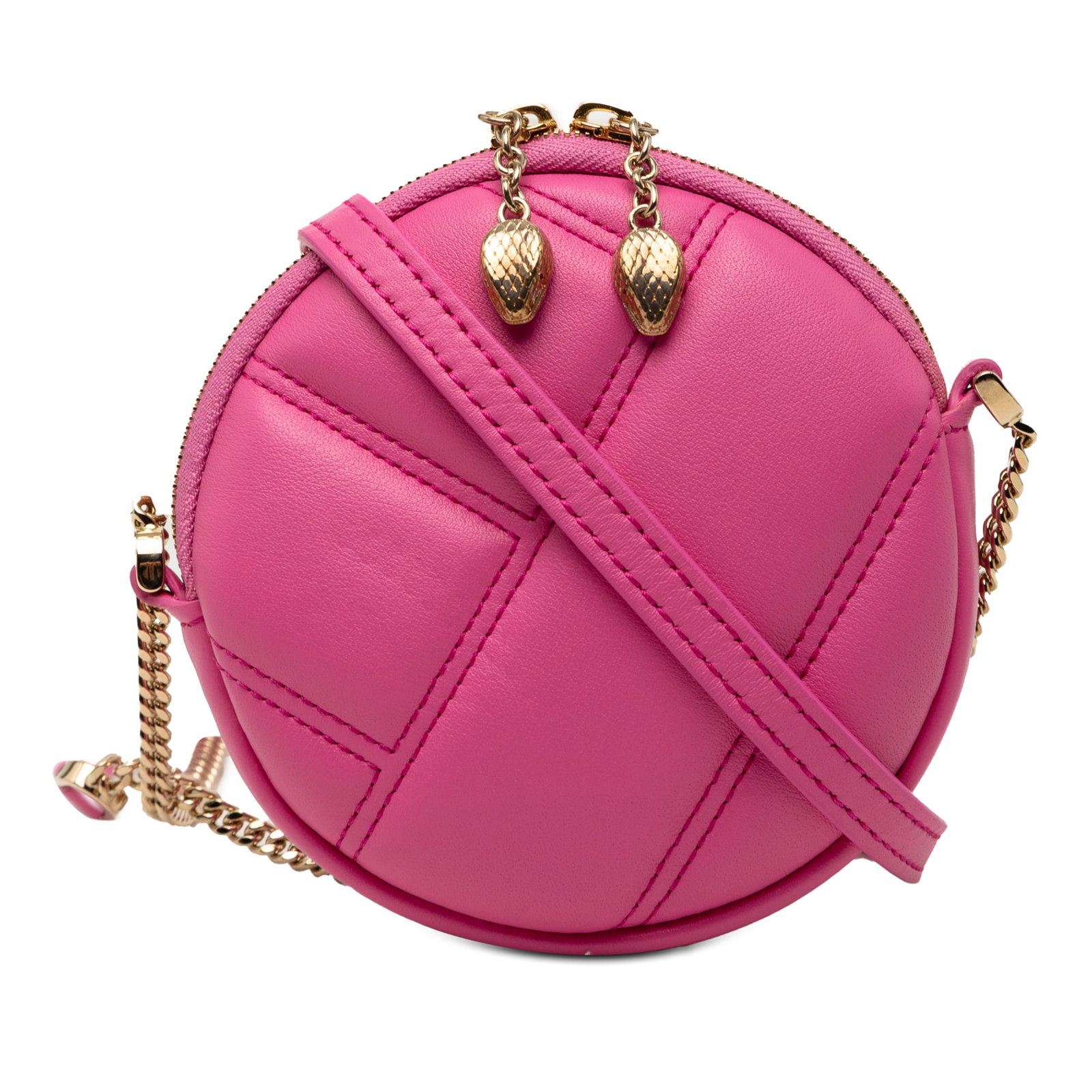Bvlgari Serpenti Cabochon Pink Quilted Leather Round Crossbody Bag: Bvlgari Serpenti Cabochon Pink Quilted Leather Round Crossbody Bag This Bvlgari Serpenti Cabochon Round Crossbody bag features a quilted leather body in pink, complemented by a leather and chain link 