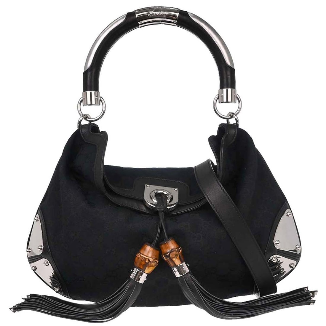 Gucci GG Black Canvas Leather Top Handle Bag: Gucci GG Black Canvas Leather Top Handle Bag This vintage Gucci top handle bag features the iconic GG pattern in black canvas with leather accents. Designed as a medium-sized 2-way handbag, it offers 