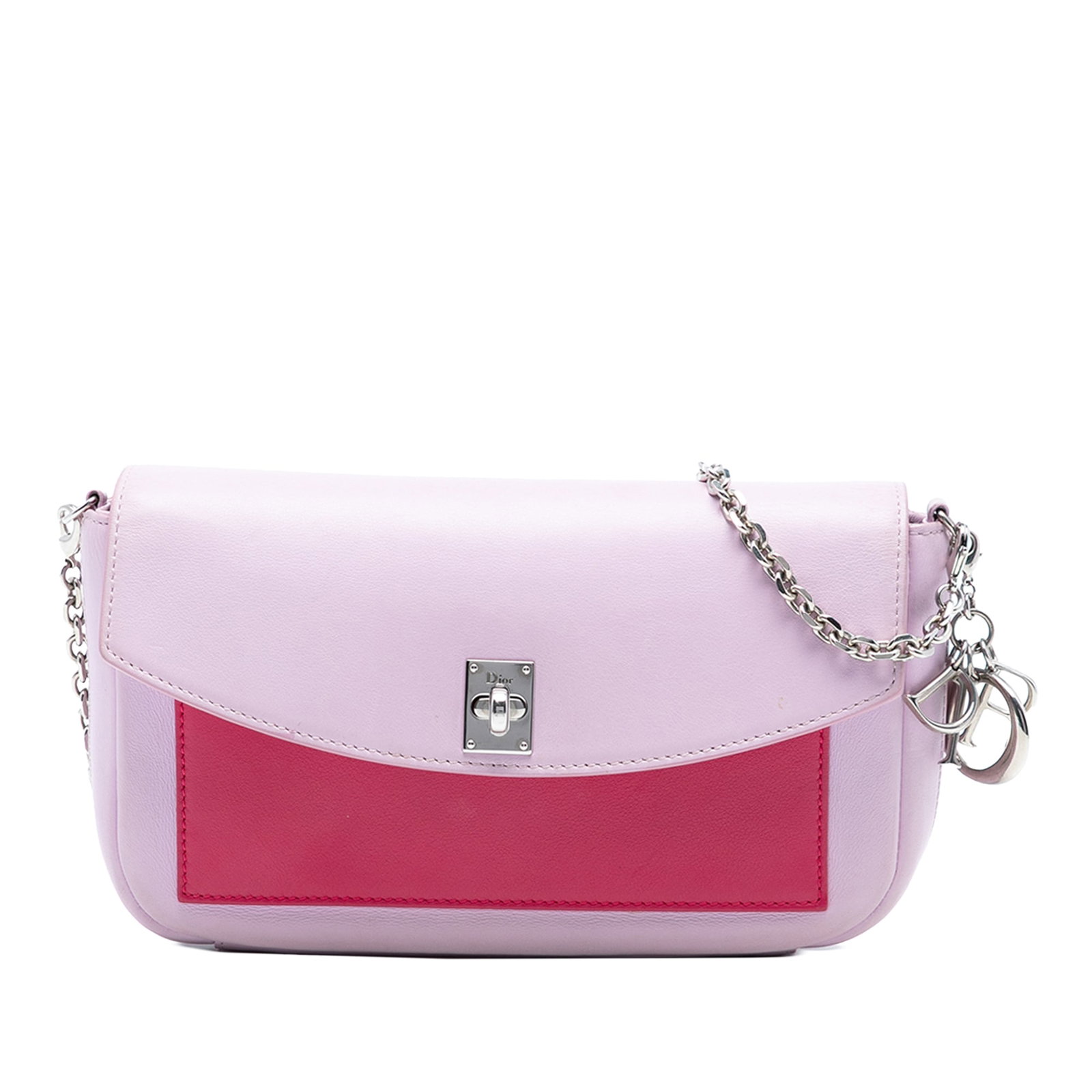 Dior Tricolor Leather Wallet on Chain Pink Crossbody Bag: Dior Tricolor Leather Wallet on Chain Pink Crossbody Bag This elegant Dior Tricolor Leather Turn Lock Wallet on Chain is a chic crossbody bag crafted from high-quality leather. It features a stylish s