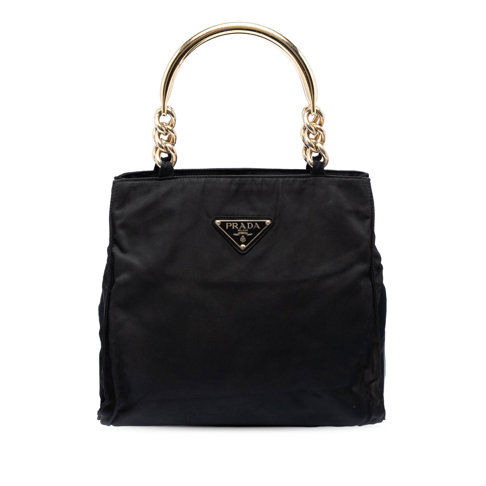 Prada black nylon top handle zip handbag Tessuto: Prada black nylon top handle zip handbag Tessuto This Prada Tessuto Metal Handle Bag is crafted from durable black nylon fabric and features elegant gold-tone metal top handles. The bag is designed wi