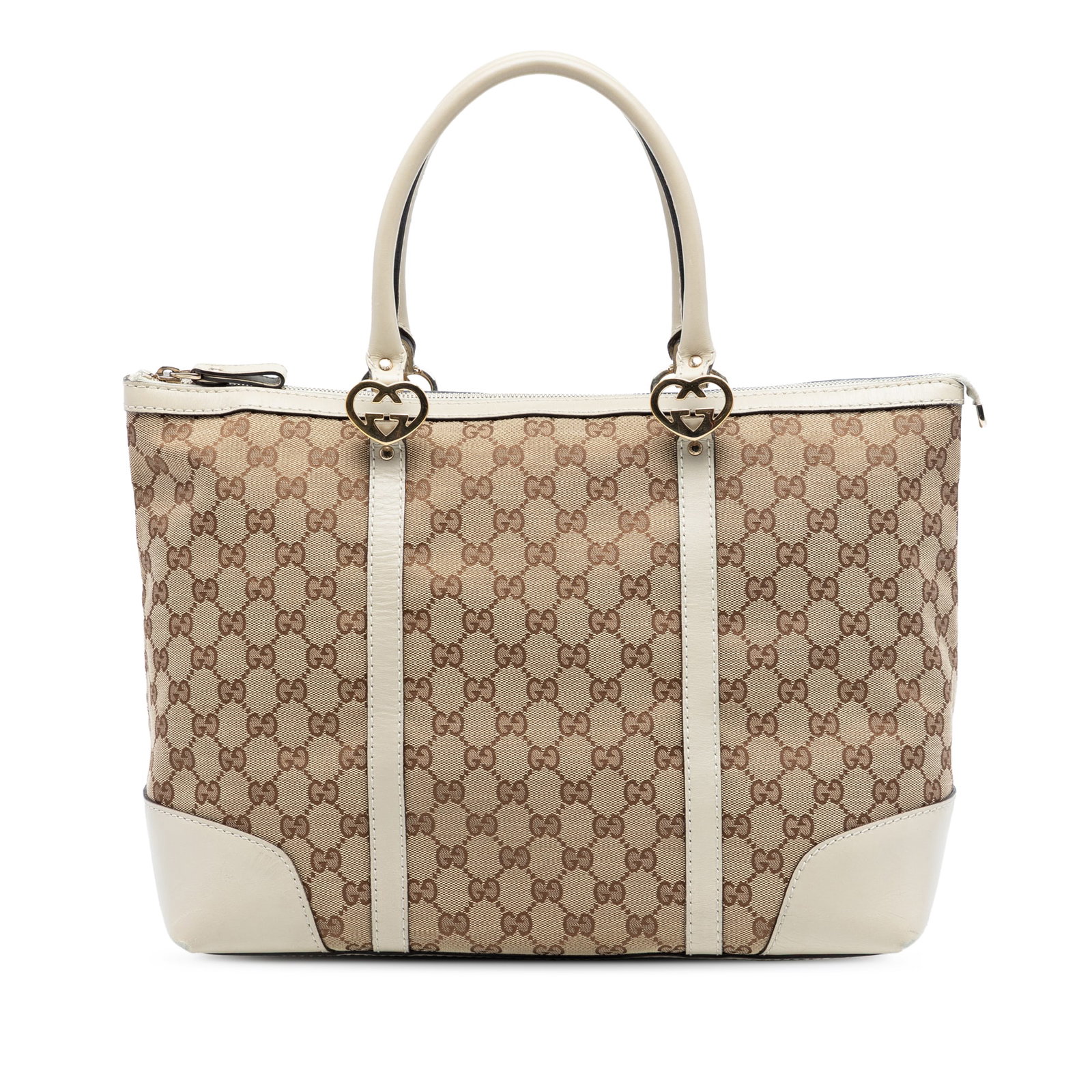 Gucci GG Canvas Lovely Beige Tote Bag with Leather Trim: Gucci GG Canvas Lovely Beige Tote Bag with Leather Trim This Gucci GG Canvas Lovely Tote features a beige canvas body with leather trim, rolled leather handles, a top zip closure, and interior zip and