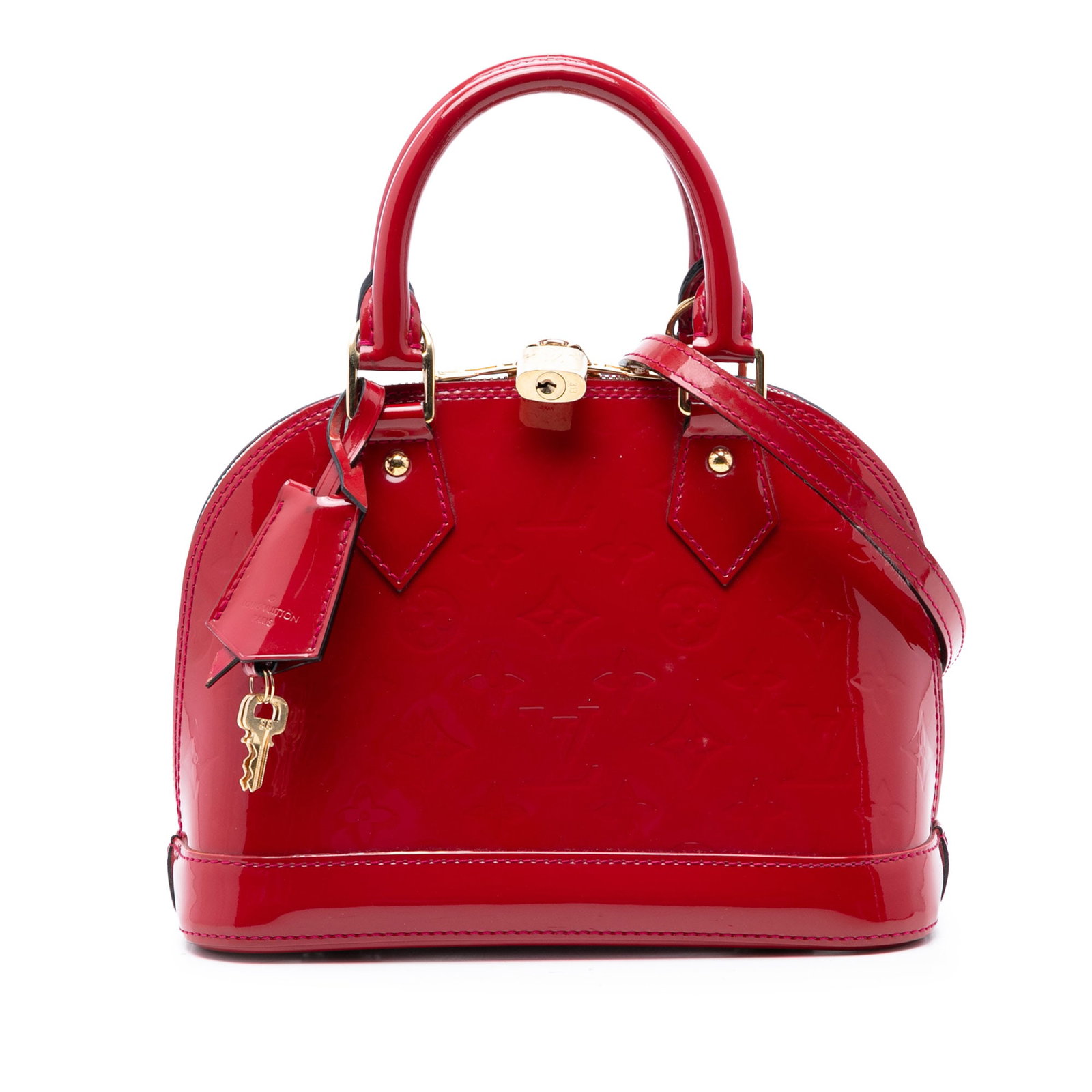 Louis Vuitton Alma BB Red Vernis Leather Bag: Louis Vuitton Alma BB Red Vernis Leather Bag This Louis Vuitton Monogram Vernis Alma BB features a glossy monogram vernis leather body in red, complemented by rolled leather handles and a detachable l