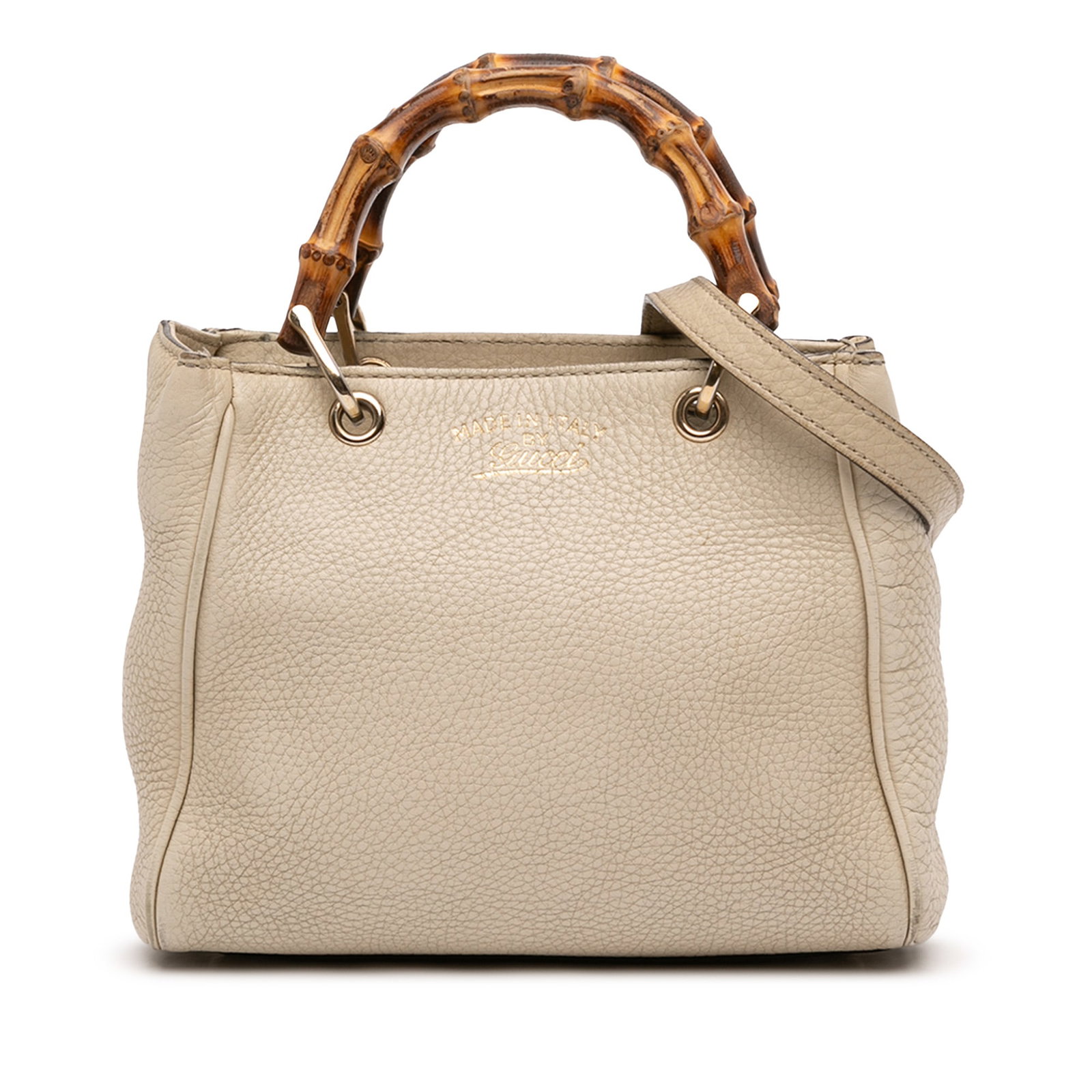 Gucci Bamboo Handle Mini Leather Satchel with Shoulder Strap: Gucci Bamboo Handle Mini Leather Satchel with Shoulder Strap This Gucci Mini Calfskin Bamboo Shopper Satchel features a brown leather body with distinctive bamboo top handles and a detachable, adjusta