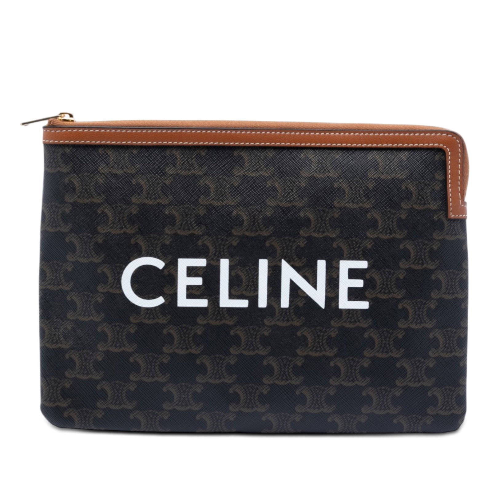 Celine Triomphe coated canvas zip clutch with leather trim: Celine Triomphe coated canvas zip clutch with leather trim This Celine Small Triomphe clutch features a coated canvas body with leather trim and a secure top zip closure. Designed in a classic brown c