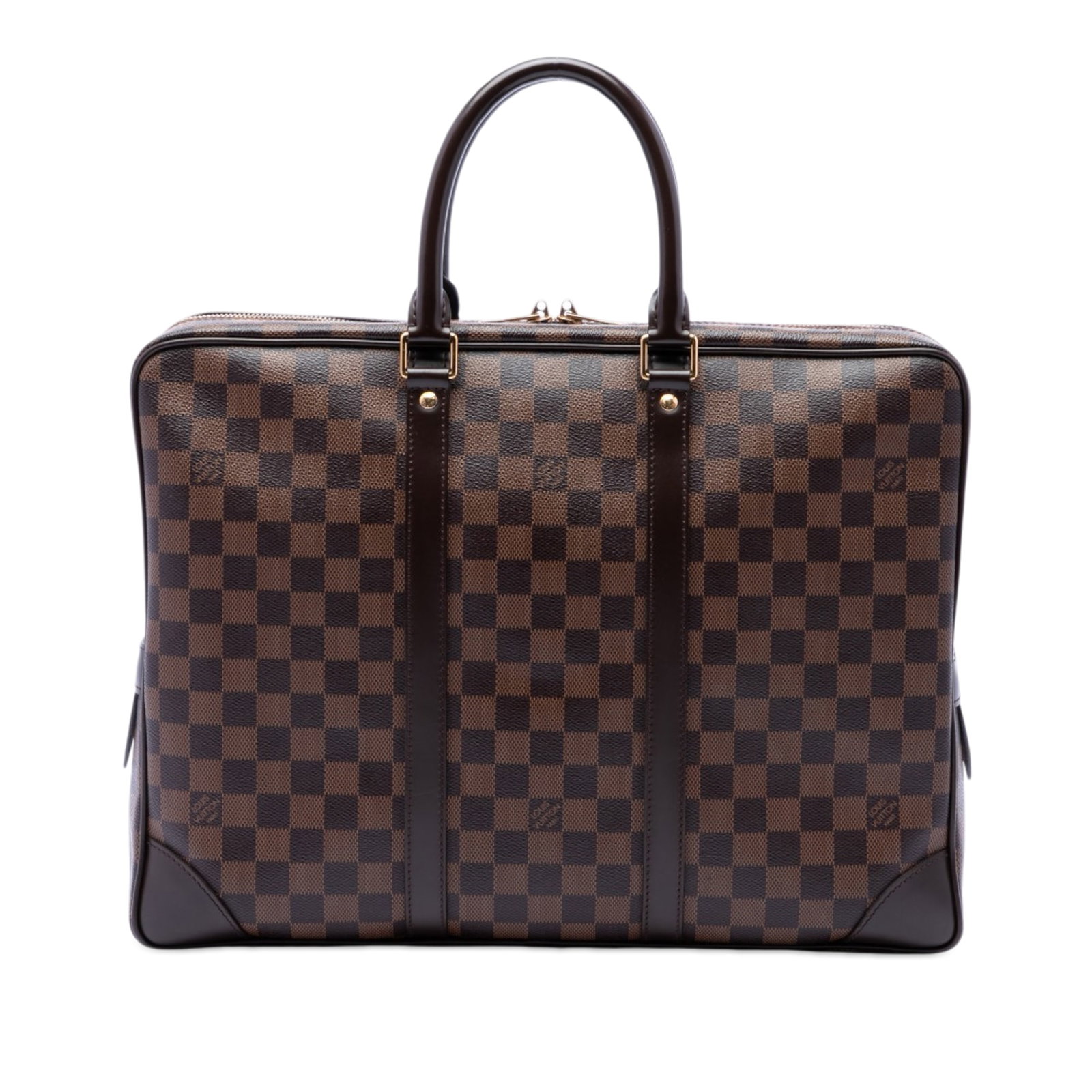Louis Vuitton Damier Ebene PM travel document bag: Louis Vuitton Damier Ebene PM travel document bag This Louis Vuitton Damier Ebene Porte Documents Voyage PM features a brown Damier Ebene canvas body with leather trim, rolled leather handles, a top z