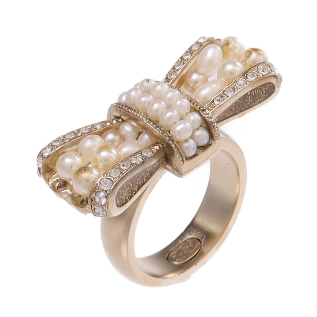 Chanel Gold Tone Metal CC Logo Ring Size 5.5: Chanel Gold Tone Metal CC Logo Ring Size 5.5 This CHANEL CC ring features a gold-tone metal construction and a classic design without a main stone. Sized at US 5.5, the ring was crafted in France and 