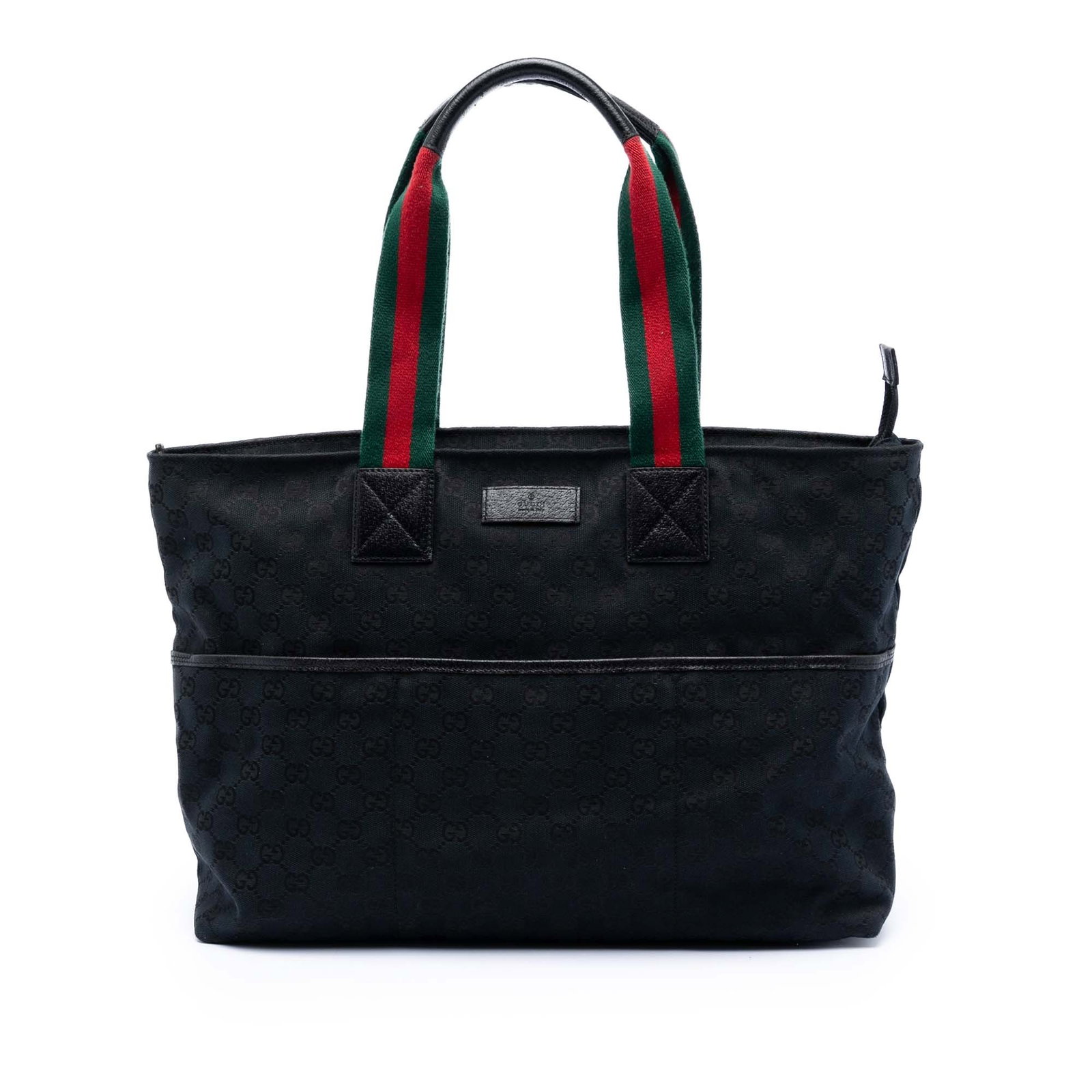 Gucci black canvas tote with web straps: Gucci black canvas tote with web straps This Gucci GG Canvas Web Tote features a durable canvas body accented with leather trim. It is designed with rolled web shoulder straps that include a leather g