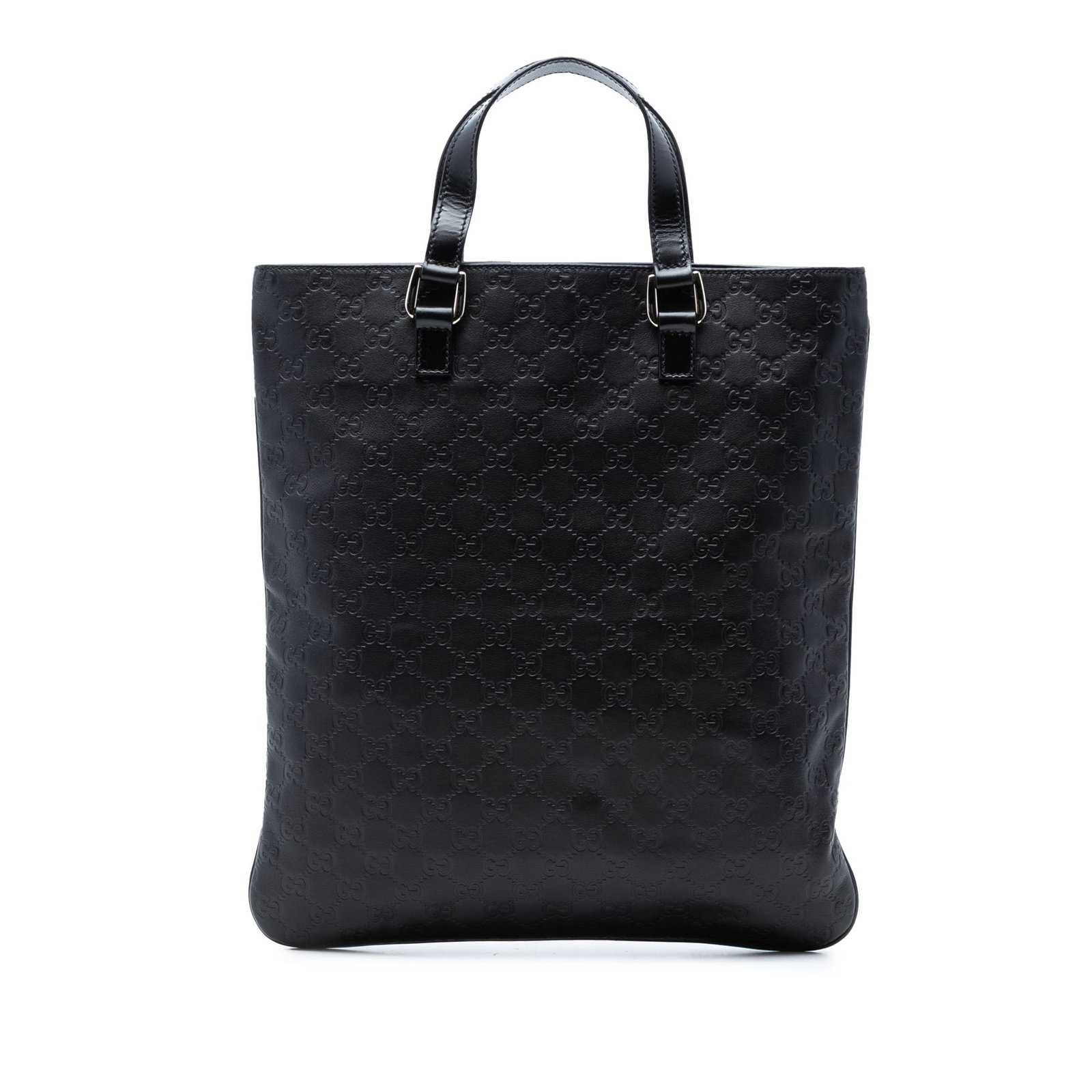 Gucci black embossed leather Guccissima tote bag: Gucci black embossed leather Guccissima tote bag This Guccissima Tote features an embossed leather exterior in black, complemented by flat leather handles and an open top with a magnetic snap closure.