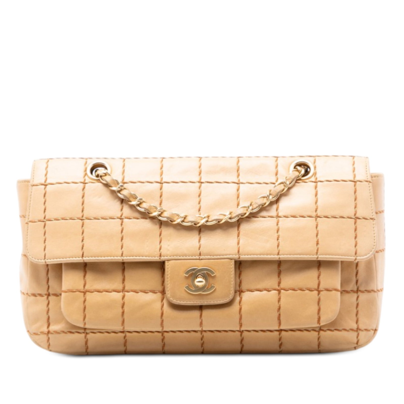 Chanel Chocolate Bar lambskin flap shoulder bag: Chanel Chocolate Bar lambskin flap shoulder bag This Chanel Chocolate Bar Lambskin Wild Stitch Chain Flap shoulder bag showcases a quilted lambskin leather exterior with distinctive wild stitch detail