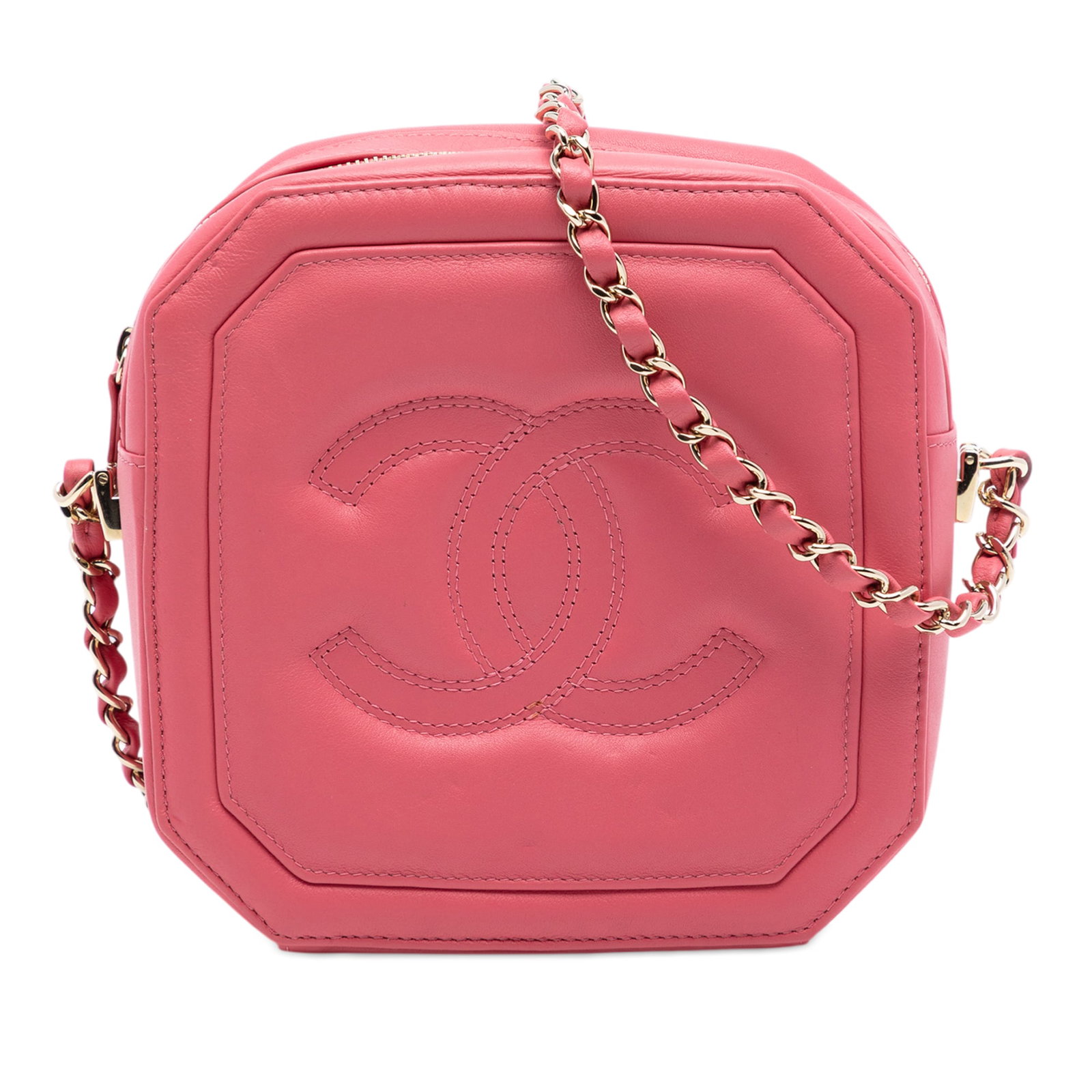 Chanel Pink CC Calfskin Clock Camera Crossbody Bag with Chain Strap: Chanel Pink CC Calfskin Clock Camera Crossbody Bag with Chain Strap This Chanel CC Calfskin Clock Camera Case is a pink leather crossbody bag featuring a leather-woven chain strap with a leather guard