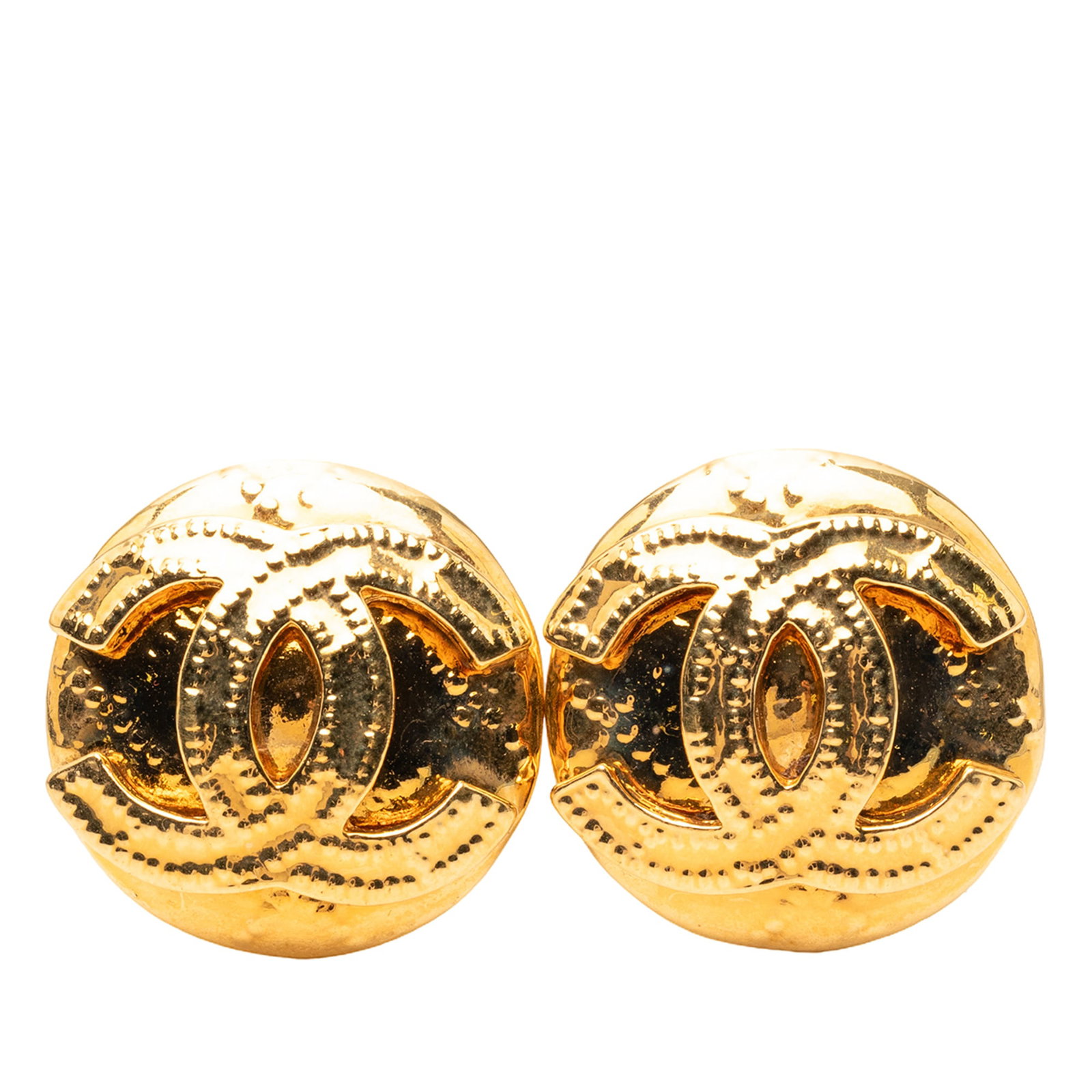 Chanel Round Clip Earrings with Gold Plated CC Logo: Chanel Round Clip Earrings with Gold Plated CC Logo These Chanel earrings feature a round design crafted from gold-plated metal, highlighted by the iconic CC logos and secure clip-on closures. Made in