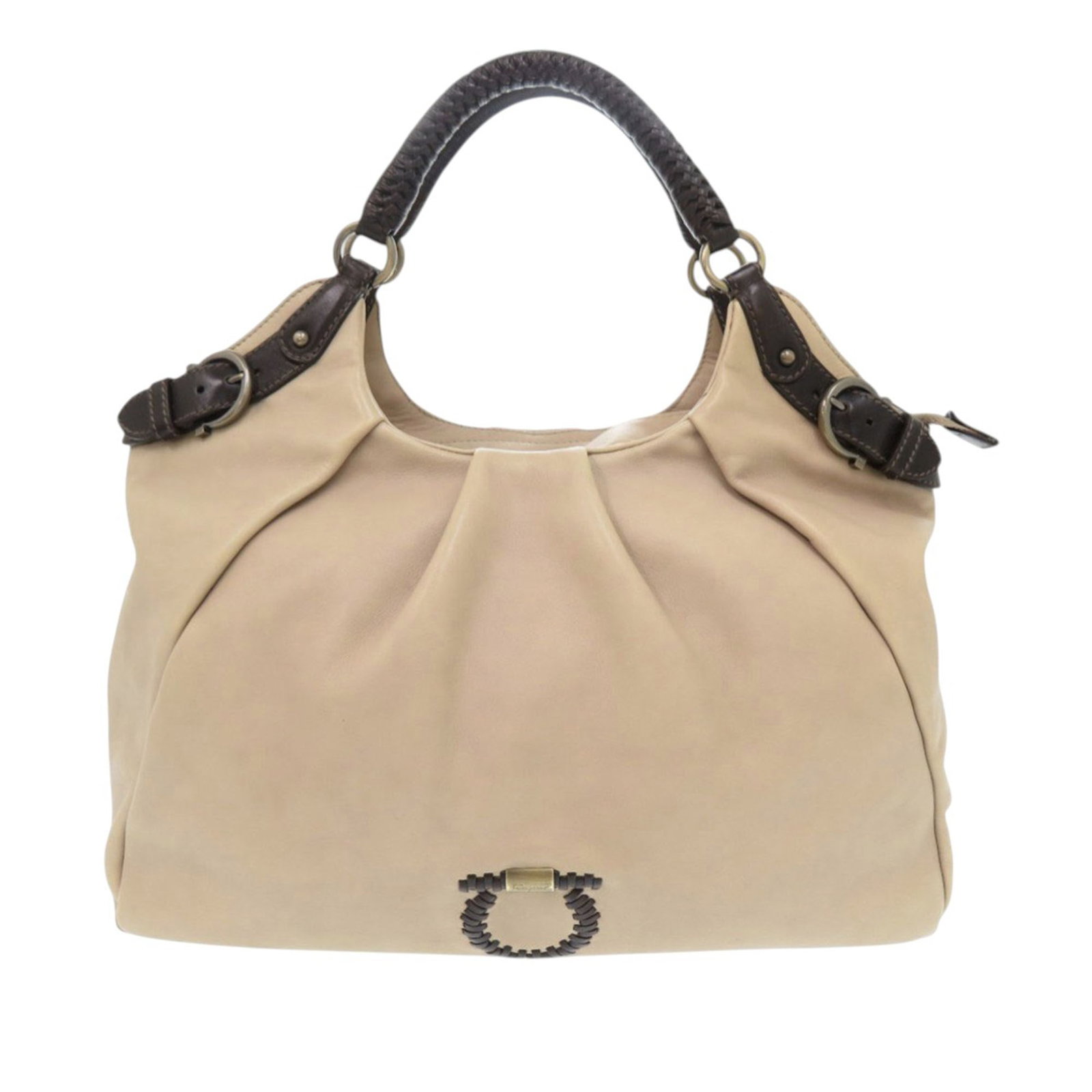 Ferragamo Gancini Leather Tote Bag: Ferragamo Gancini Leather Tote Bag This Ferragamo Leather Gancini Tote is crafted in beige leather and features rolled braided handles and a top zip closure for secure storage. The interior includes b