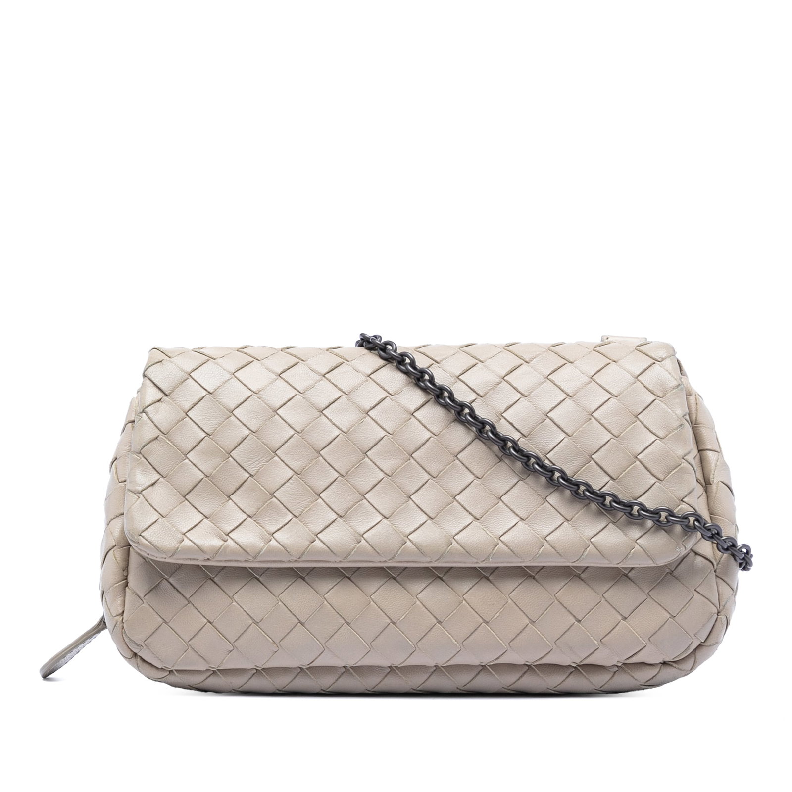 Beige Bottega Veneta Mini Intrecciato Leather Chain Crossbody Bag: Beige Bottega Veneta Mini Intrecciato Leather Chain Crossbody Bag This Bottega Veneta Mini Nappa Intrecciato Expandable Chain Flap Crossbody bag showcases a woven leather design with a chain link stra
