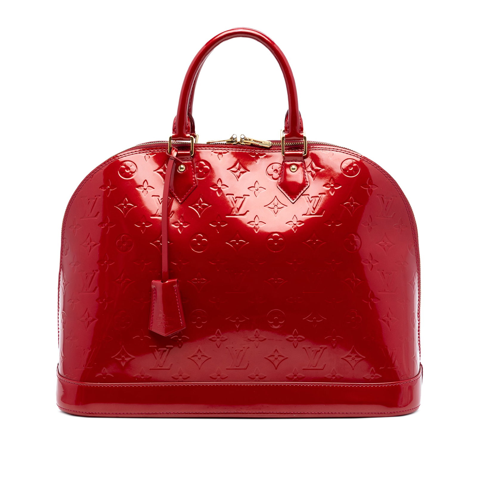 Louis Vuitton Alma GM Vernis Red Leather Handbag: Louis Vuitton Alma GM Vernis Red Leather Handbag This Louis Vuitton Monogram Vernis Alma GM handbag is crafted from monogram vernis leather in a striking red color. It features rolled leather handles,
