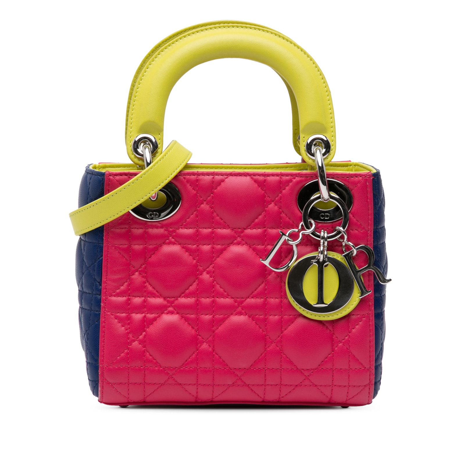 Dior Mini Tricolor Lambskin Cannage Lady Dior Bag Pink: Dior Mini Tricolor Lambskin Cannage Lady Dior Bag Pink This exquisite Mini Tricolor Lambskin Cannage Lady Dior bag is crafted from luxurious quilted lambskin leather in a lovely pink hue. It features 