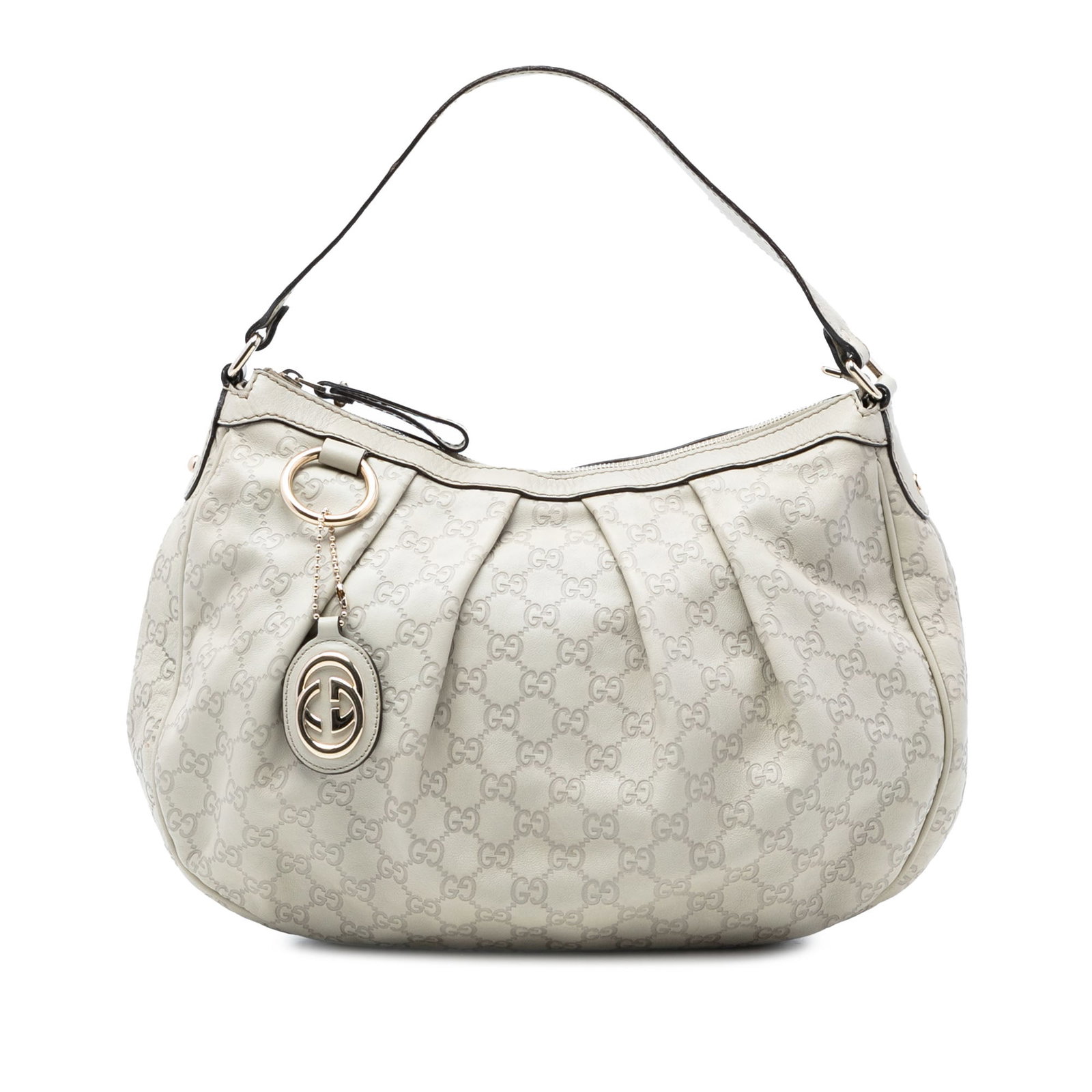 Gucci white embossed leather Sukey shoulder bag: Gucci white embossed leather Sukey shoulder bag The Guccissima Sukey Shoulder Bag is crafted from embossed leather in a white finish, featuring a flat leather strap and a top zip closure. The interior