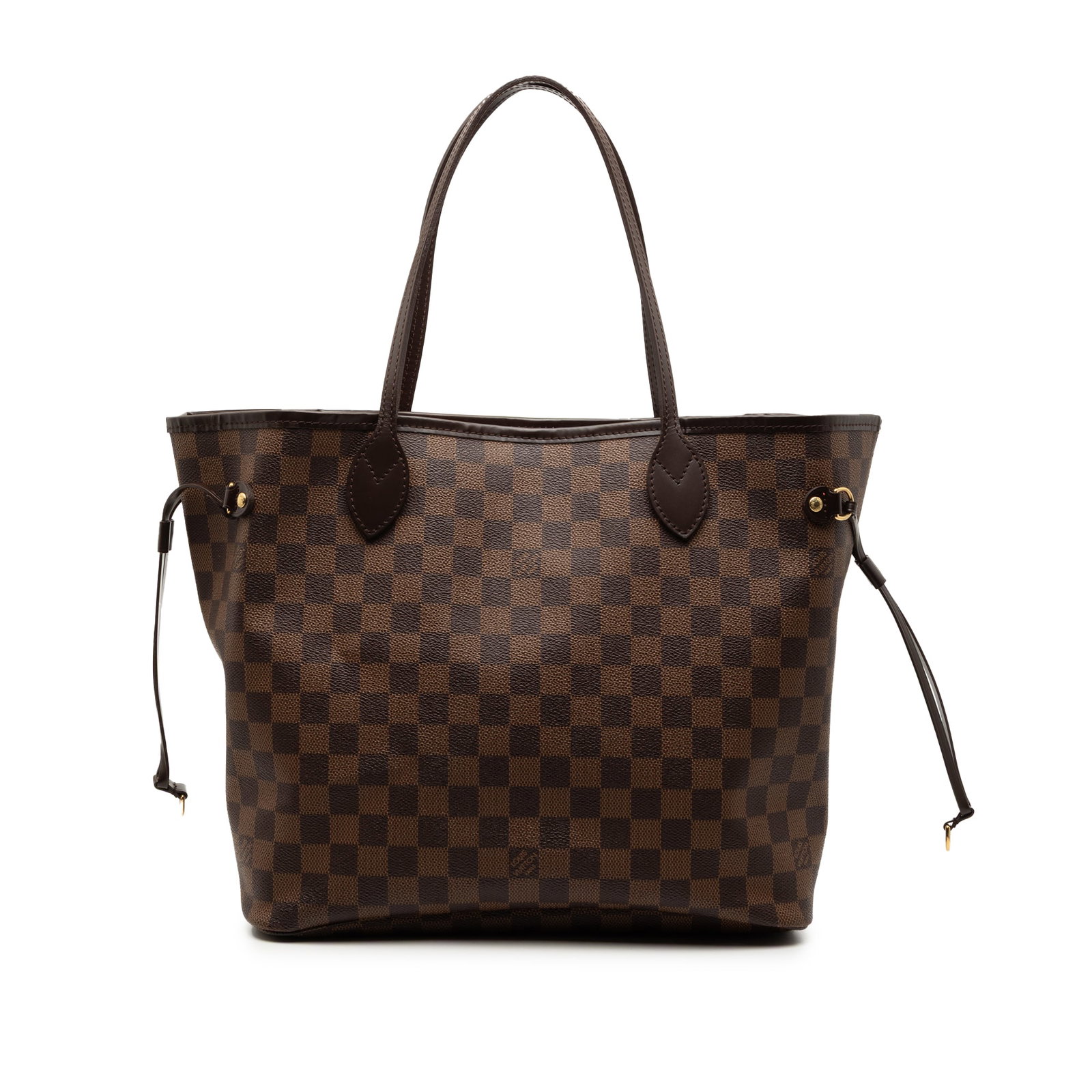 Louis Vuitton Neverfull MM Damier Ebene Canvas Shoulder Tote Bag: Louis Vuitton Neverfull MM Damier Ebene Canvas Shoulder Tote Bag This Louis Vuitton Damier Ebene Neverfull MM handbag showcases the signature Damier Ebene canvas with leather trim and flat leather sho