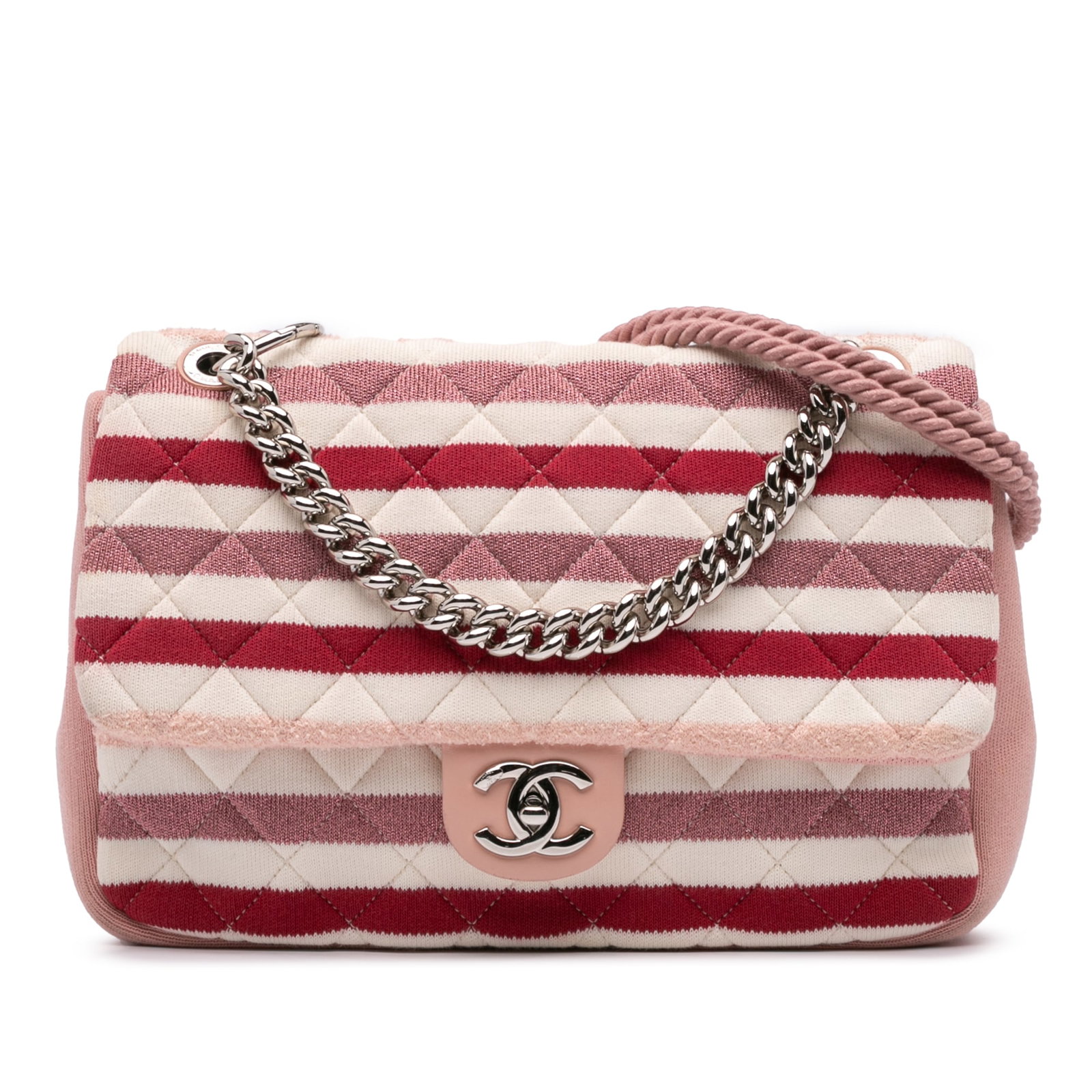 Chanel Jumbo Stripe Jersey Felt Rope Flap Bag Pink Italy: Chanel Jumbo Stripe Jersey Felt Rope Flap Bag Pink Italy Elevate your accessory collection with the Chanel Jumbo Stripe Jersey Felt and Rope Flap bag. This stylish satchel showcases a quilted striped 