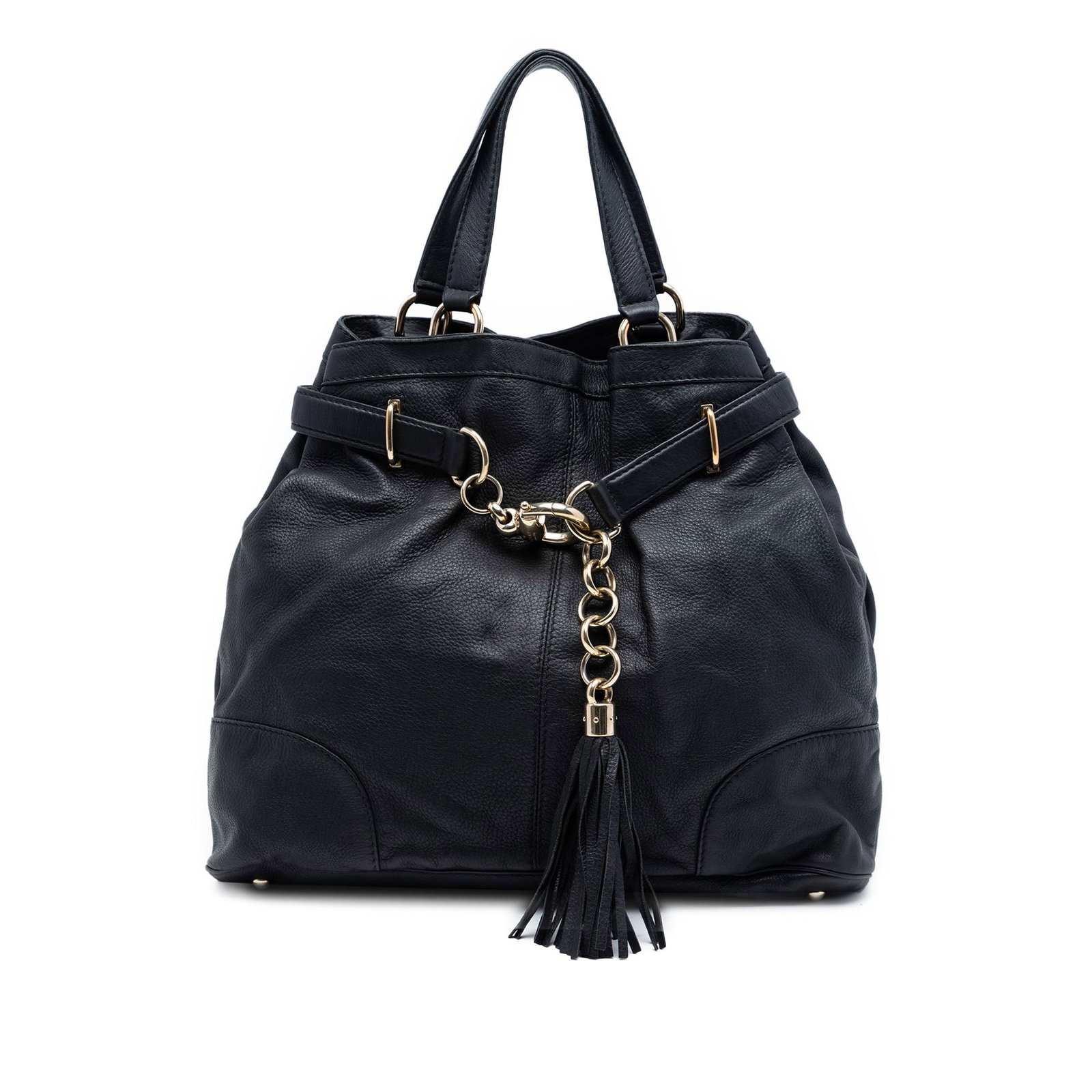 Gucci Sienna Horsebit Large Black Leather Tote with Tassel Detail: Gucci Sienna Horsebit Large Black Leather Tote with Tassel Detail This Gucci Large Leather Horsebit Sienna Tote showcases a black leather body with belt and tassel accents, complemented by flat leathe